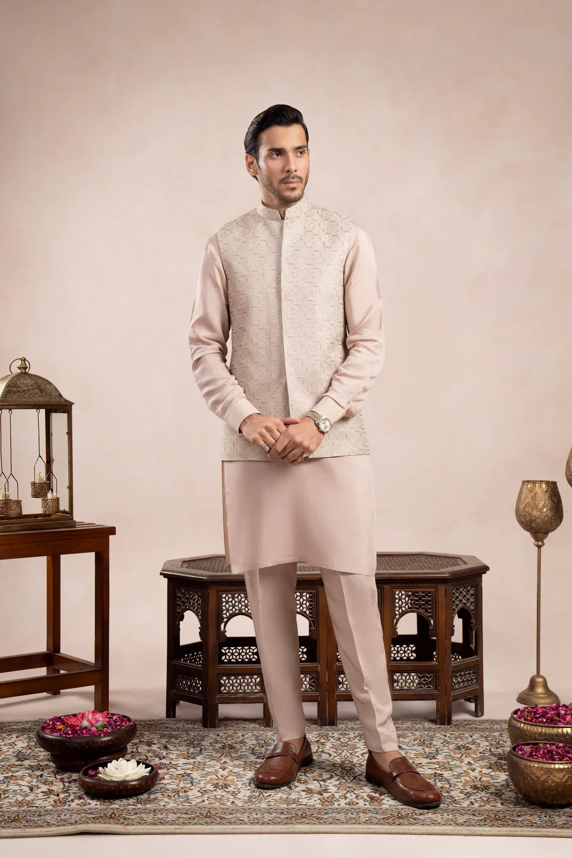 Coffee Beige Square Embroidered Waistcoat - Men