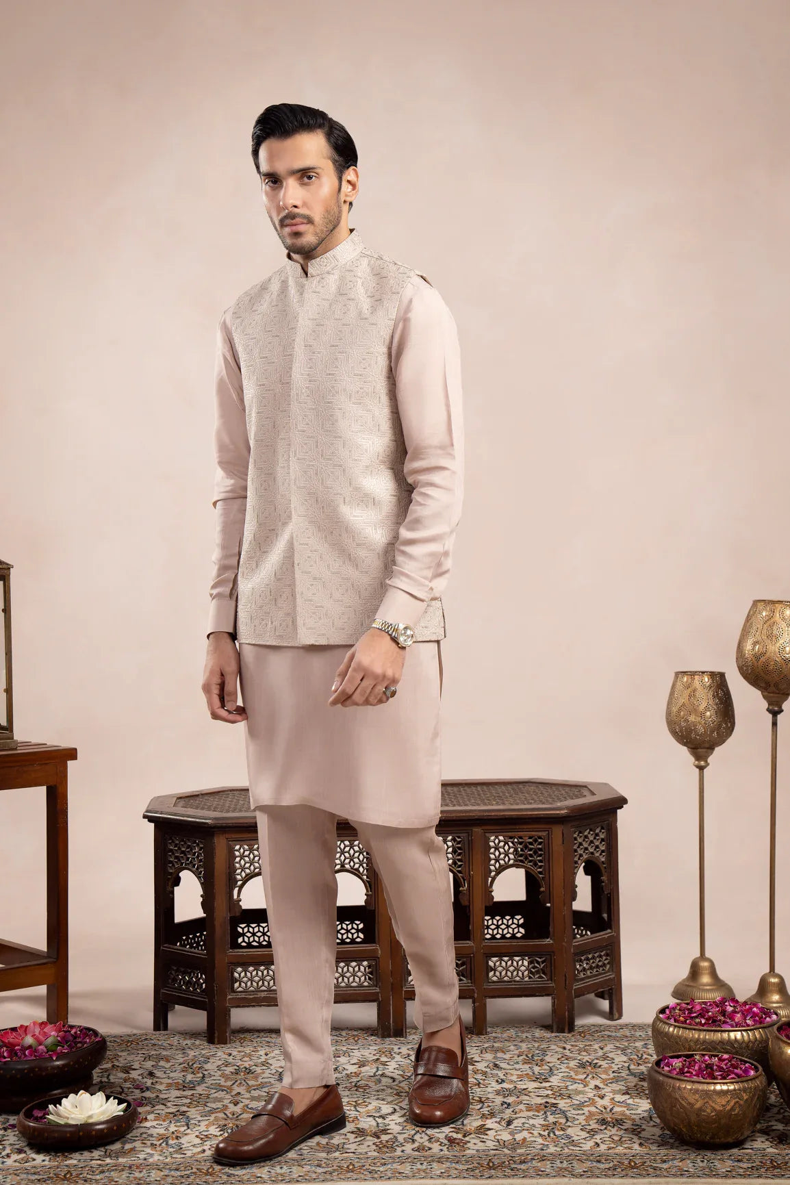 Coffee Beige Square Embroidered Waistcoat - Men