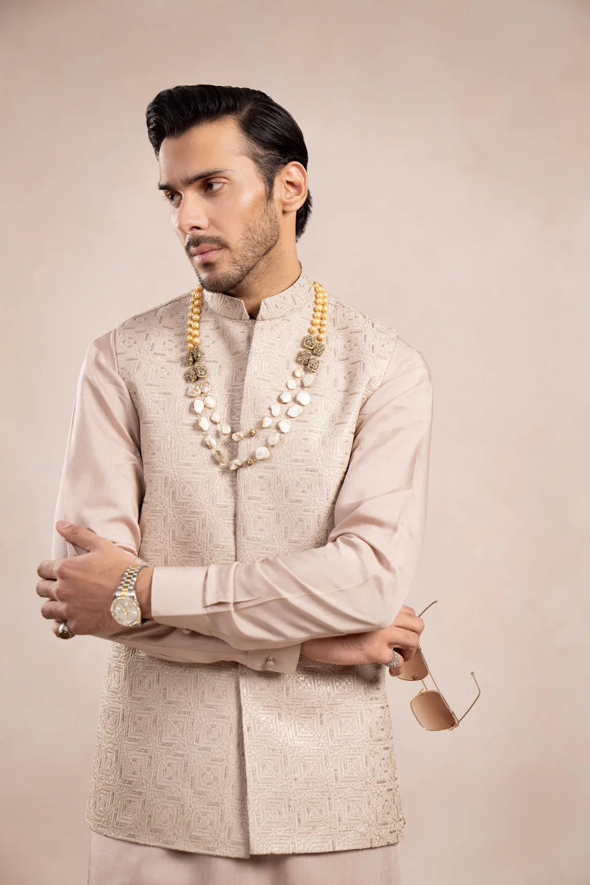 Coffee Beige Square Embroidered Waistcoat - Men