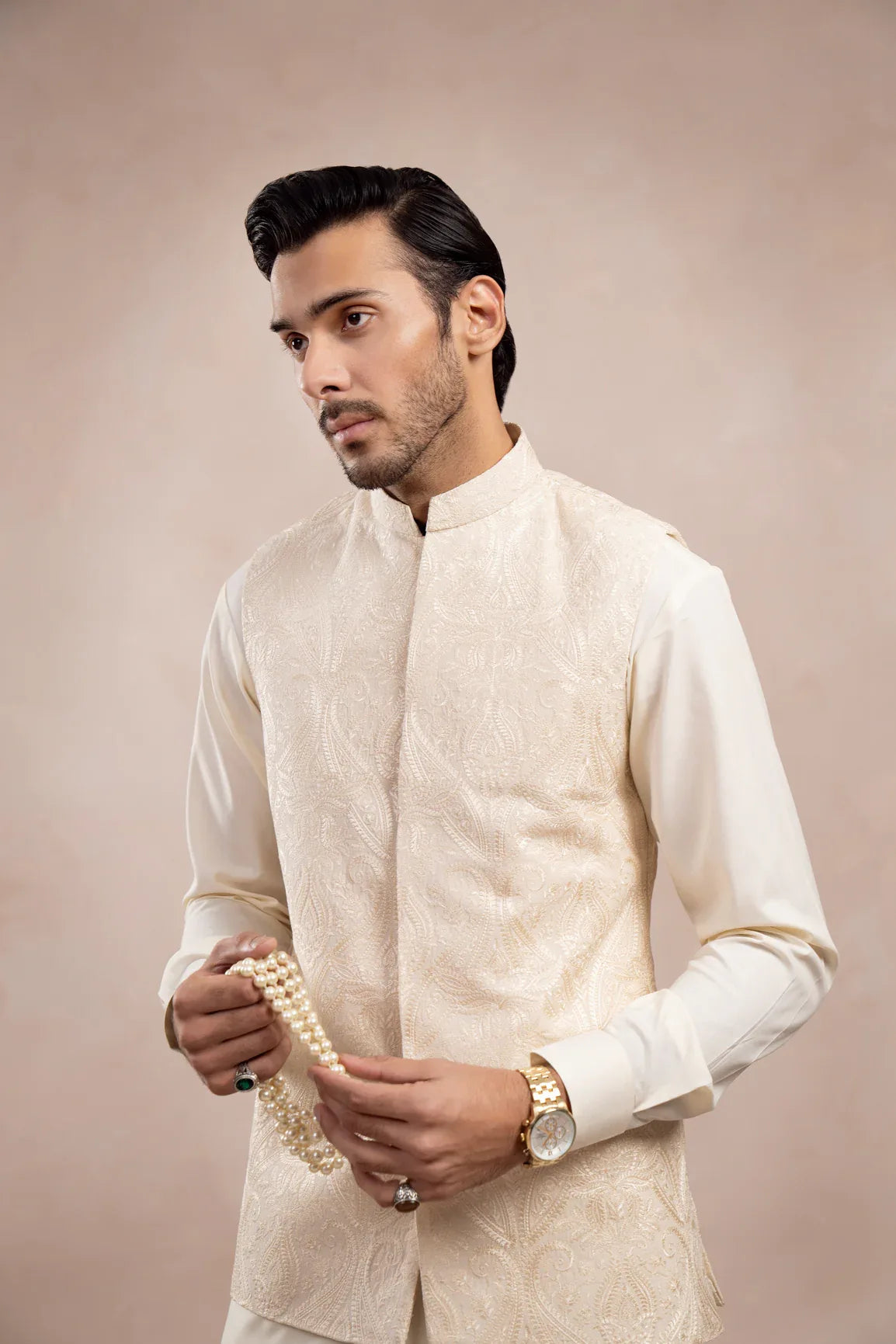 Bosky White Kurta Trouser with Cross Stitched Embroidered Waistcoat  - 3PC - Men