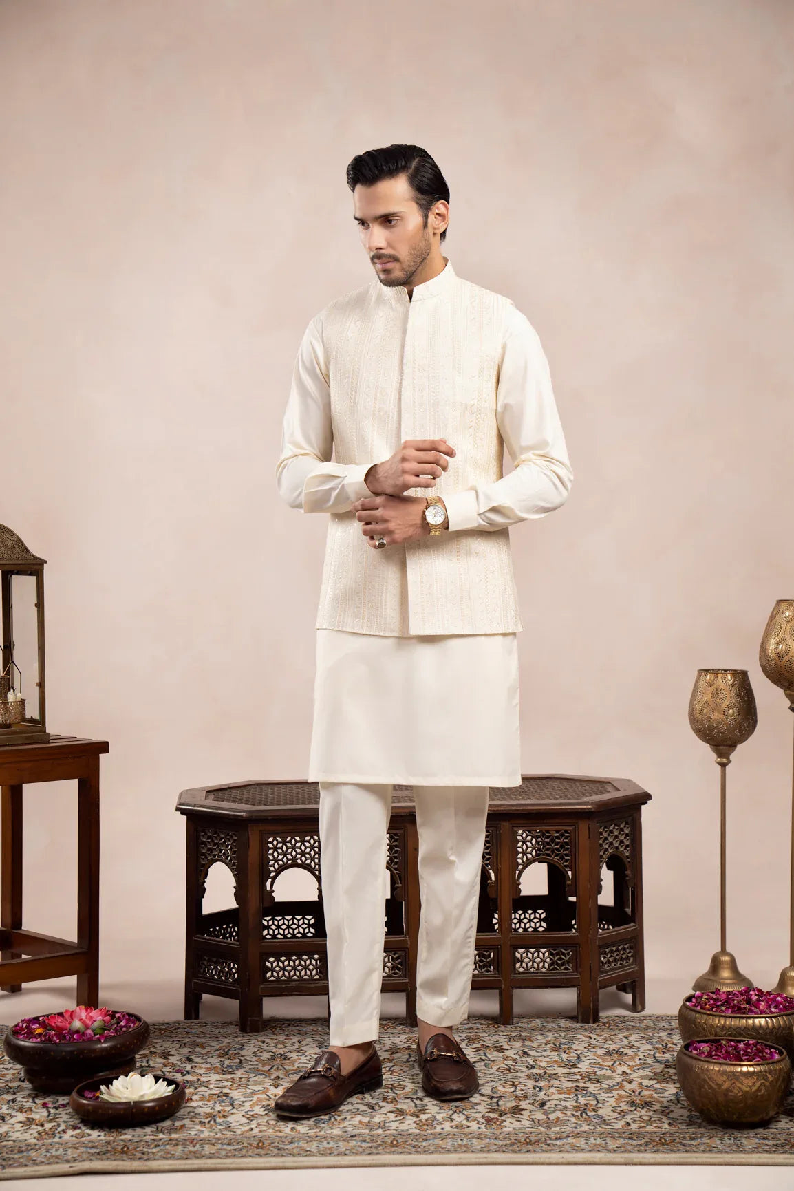 Bosky White Kurta Trouser with Falling Embroidered Waistcoat  - 3PC - Men
