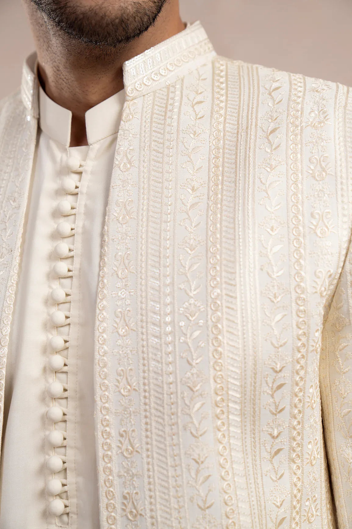 Bosky White Loop Kurta Trouser with Falling Embroidered Open Prince Coat - 3PC - Men