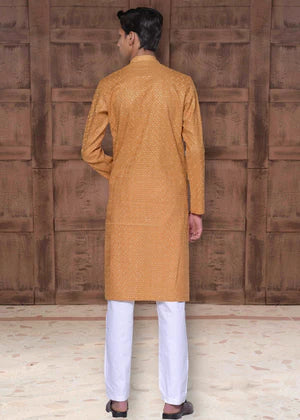 Occasions Designer Wear Mustard Gold Chikankari Kurta