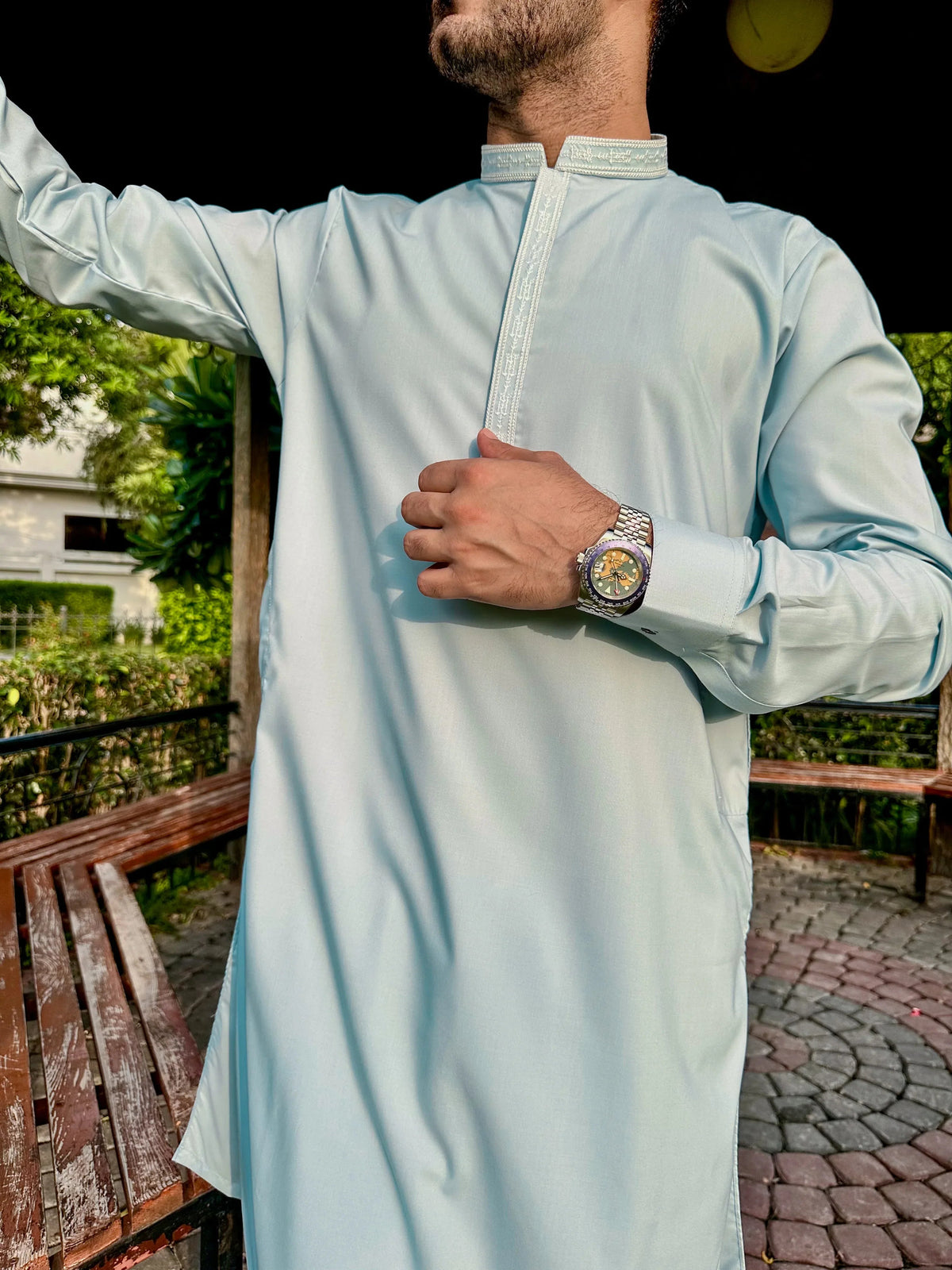 Formal Sky Blue Kurta Shalwar - Collar Neck Embroidered - Men