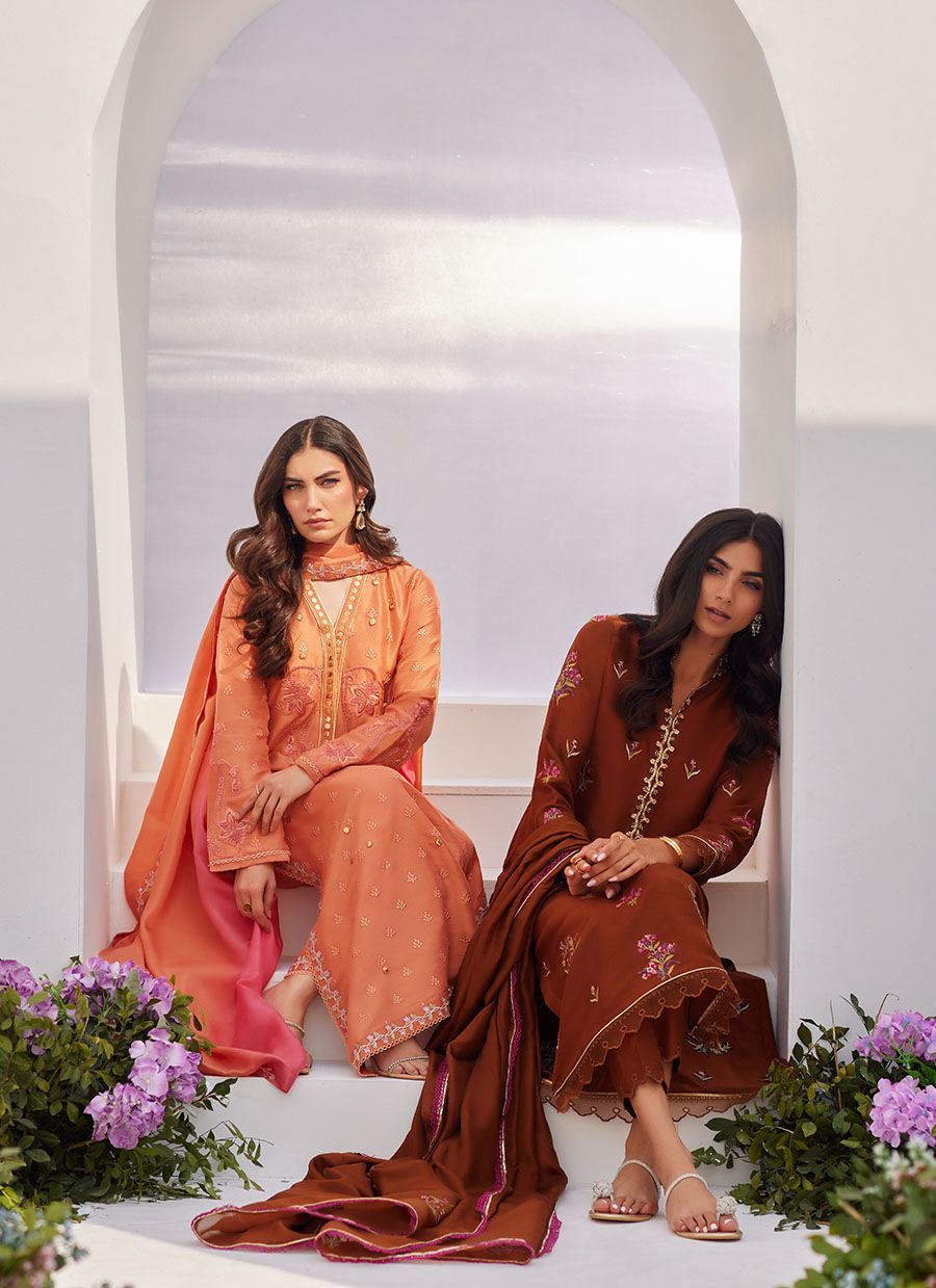 Farah Talib Aziz | Zaza Luxe Pret 24 | ELYNA CORAL EMBROIDERED RAW SILK SHIRT AND DUPATTA