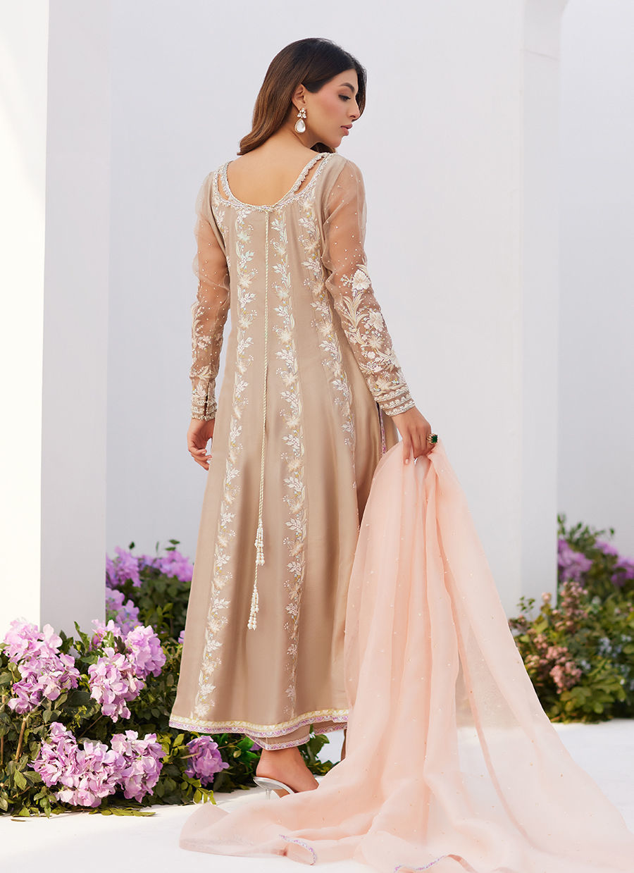Farah Talib Aziz | Zaza Luxe Pret 24 | CHARLENE SAND EMBROIDERED KALIDAAR WITH DUPATTA