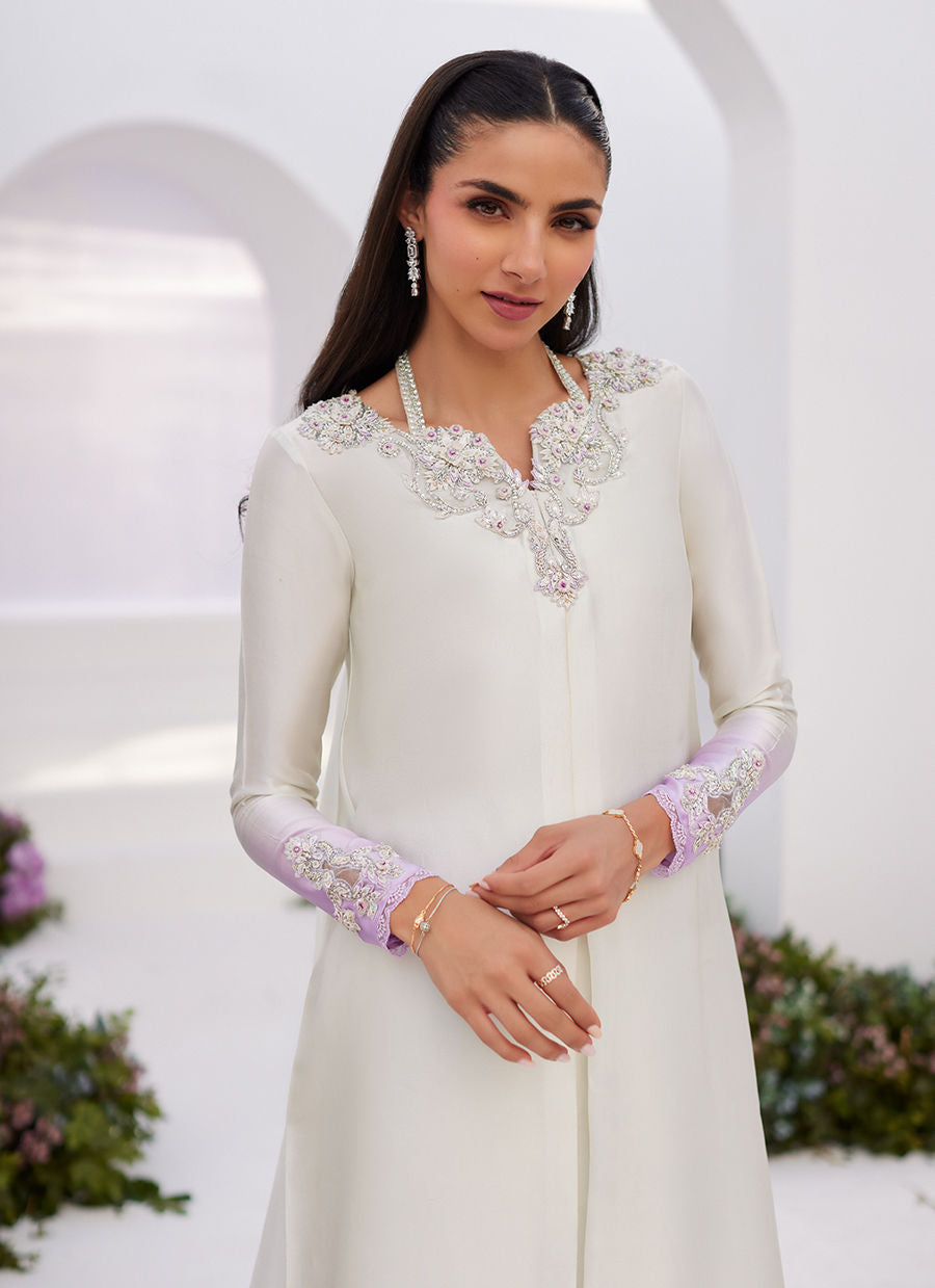 Farah Talib Aziz | Zaza Luxe Pret 24 | LIQUE SILVER OMBRE EMBELLISHED KAFTAAN CUT SHIRT