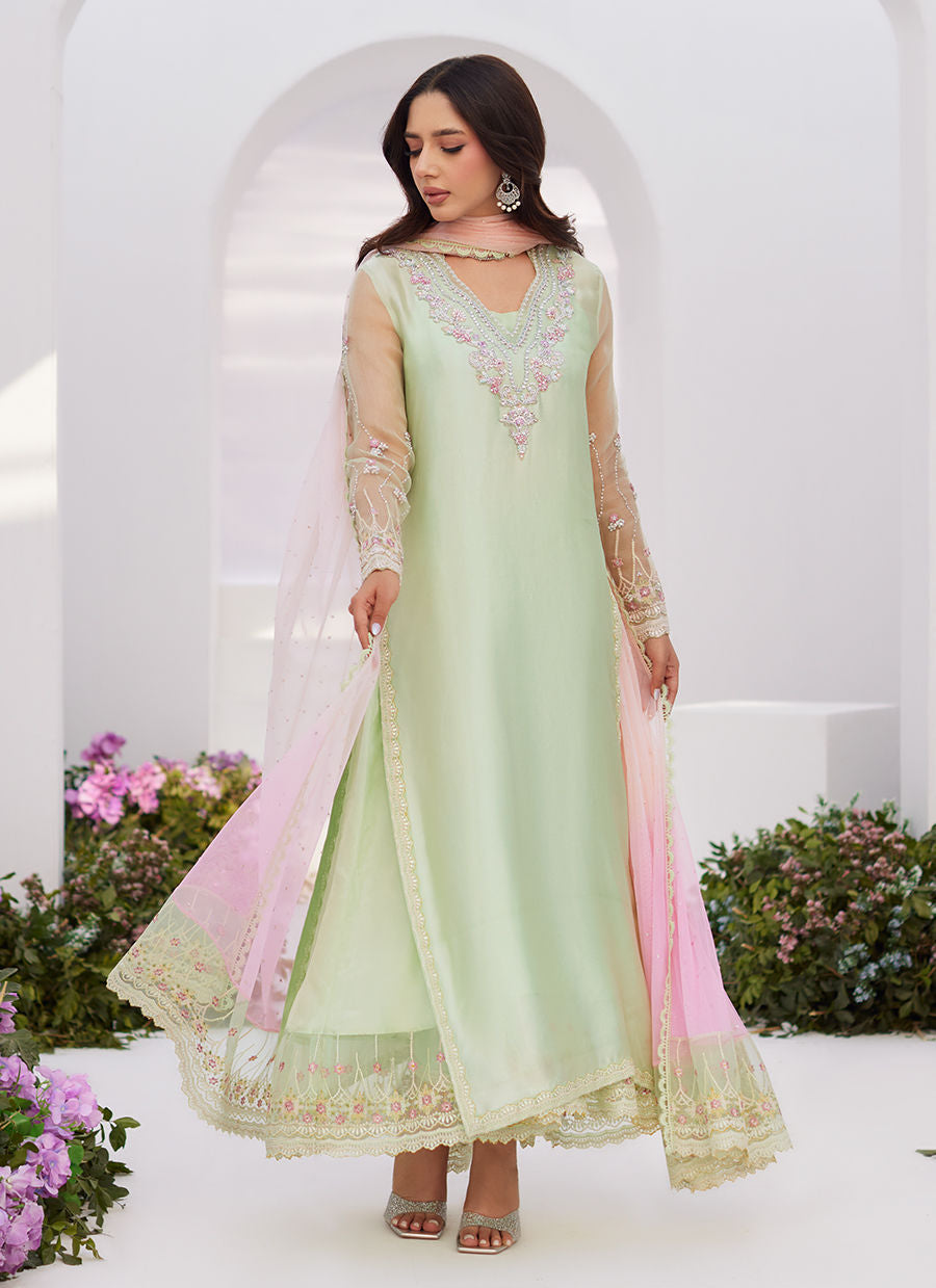 Farah Talib Aziz | Zaza Luxe Pret 24 |SOLENE AQUA OMBRE EMBELLISHED COLUMN SHIRT WITH EMBROIDERED KALIDAAR SLIP