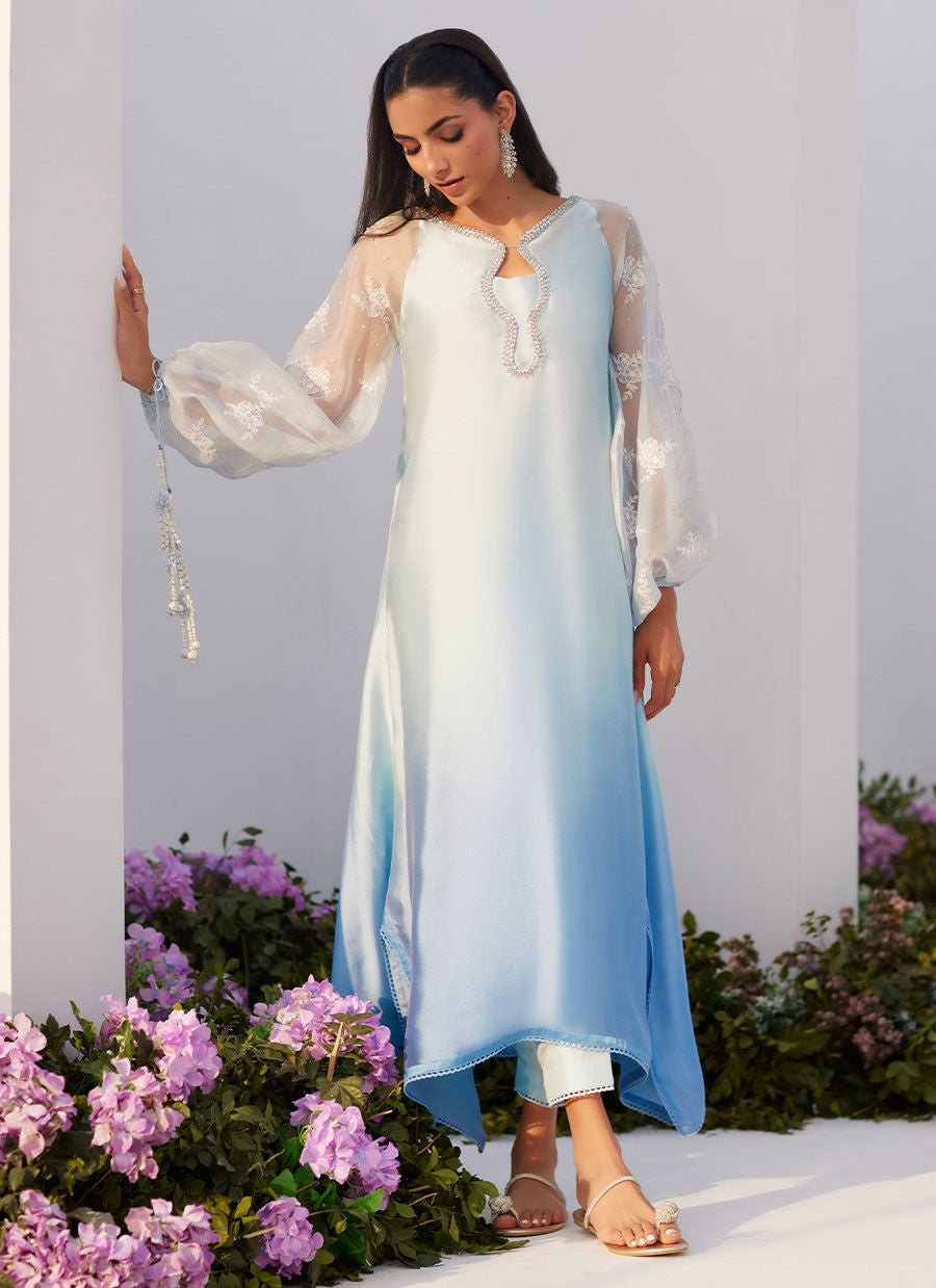 Farah Talib Aziz | Zaza Luxe Pret 24 |  BOW OMBRE BLUE EMBELLISHED KAFTAN CUT SHIRT