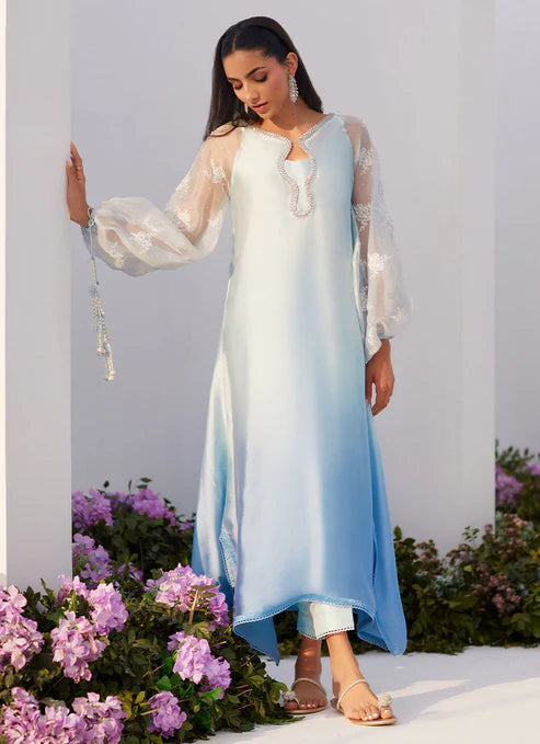 Farah Talib Aziz | Zaza Luxe Pret 24 | BOW OMBRE BLUE EMBELLISHED KAFTAN CUT SHIRT