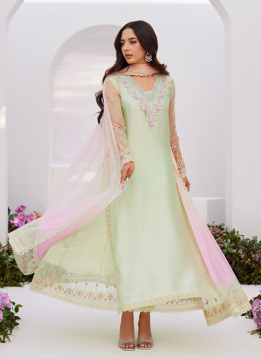 Farah Talib Aziz | Zaza Luxe Pret 24 |SOLENE AQUA OMBRE EMBELLISHED COLUMN SHIRT WITH EMBROIDERED KALIDAAR SLIP