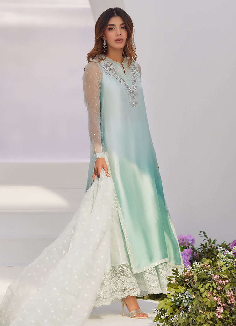 Farah Talib Aziz | Zaza Luxe Pret 24 | SOLENE AQUA OMBRE EMBELLISHED COLUMN SHIRT WITH EMBROIDERED KALIDAAR SLIP