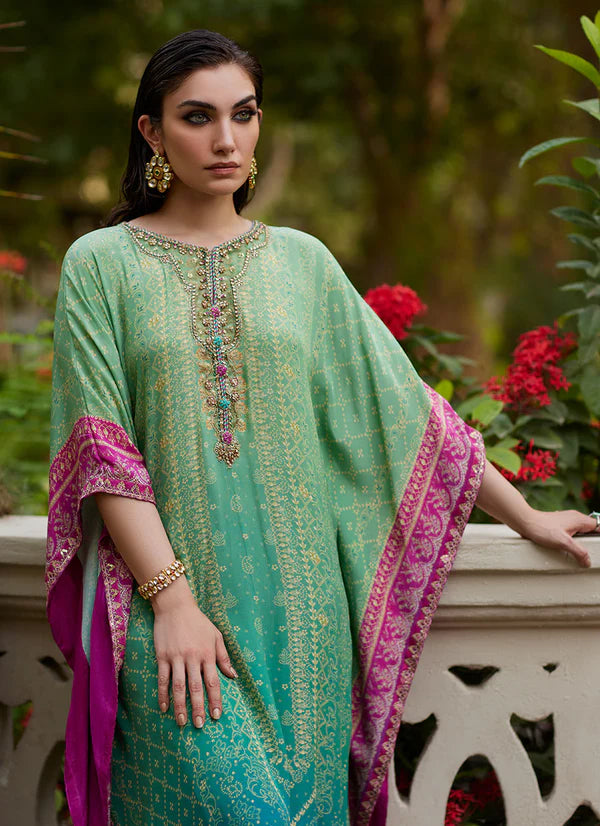 Farah Talib Aziz | Mayna Festive Prints 24 | Persia Teal Ombre Kaftan