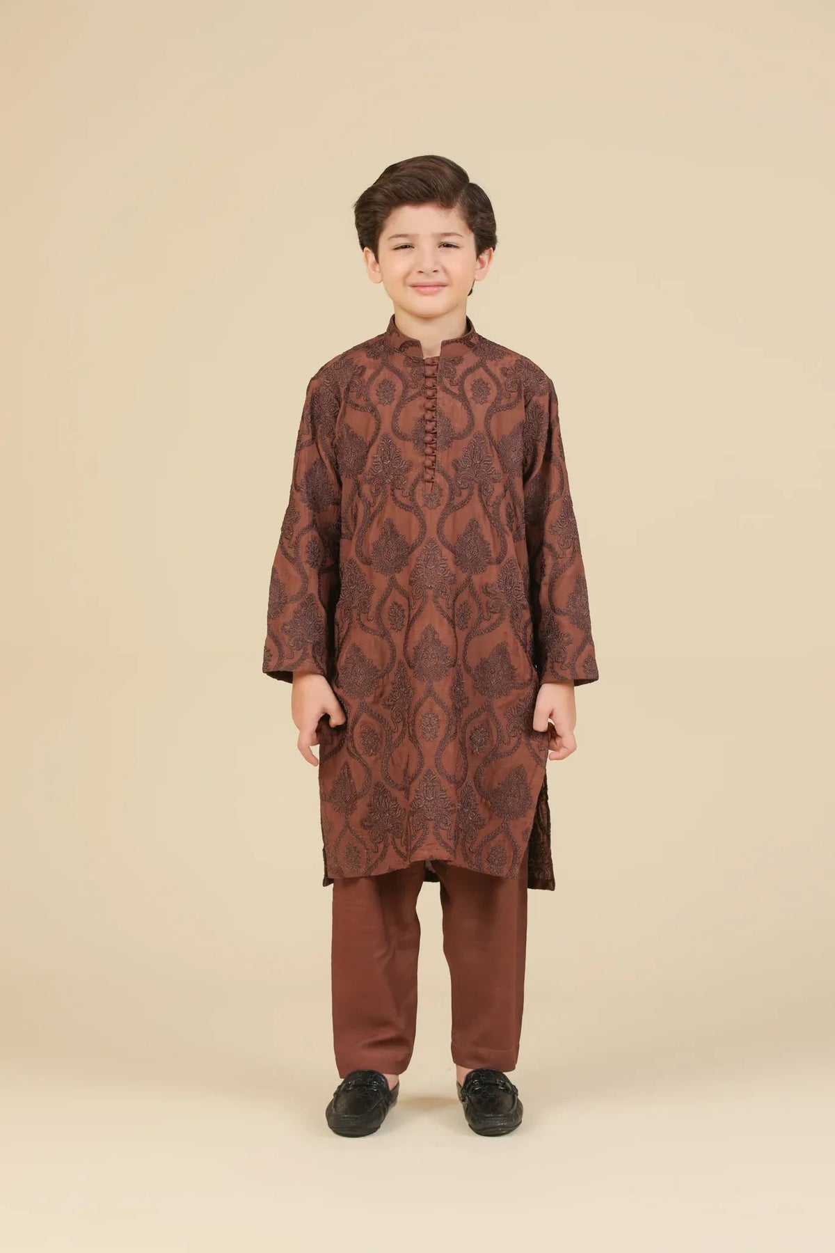 Faris - Cocoa Brown Raw Silk Embroidered Kurta Trouser - Kids