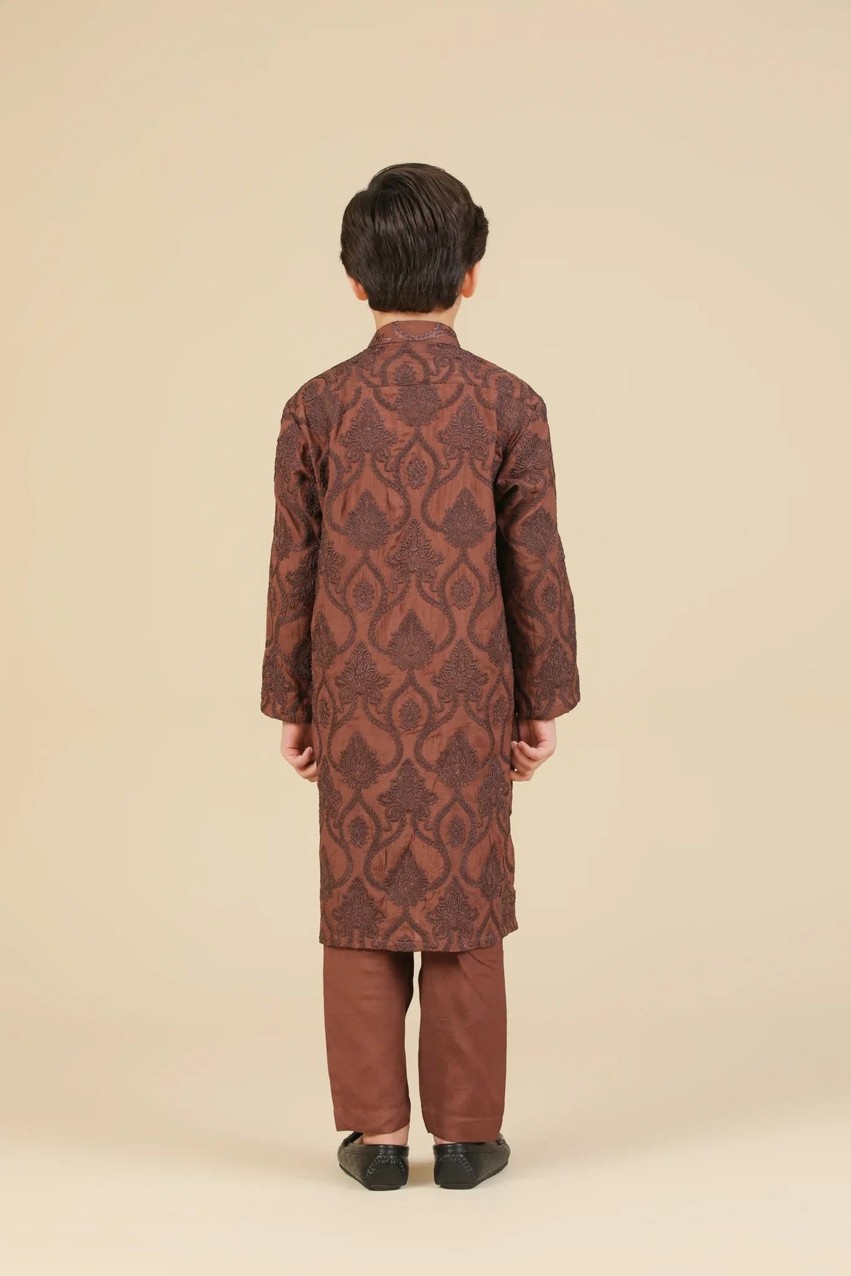 Faris - Cocoa Brown Raw Silk Embroidered Kurta Trouser - Kids