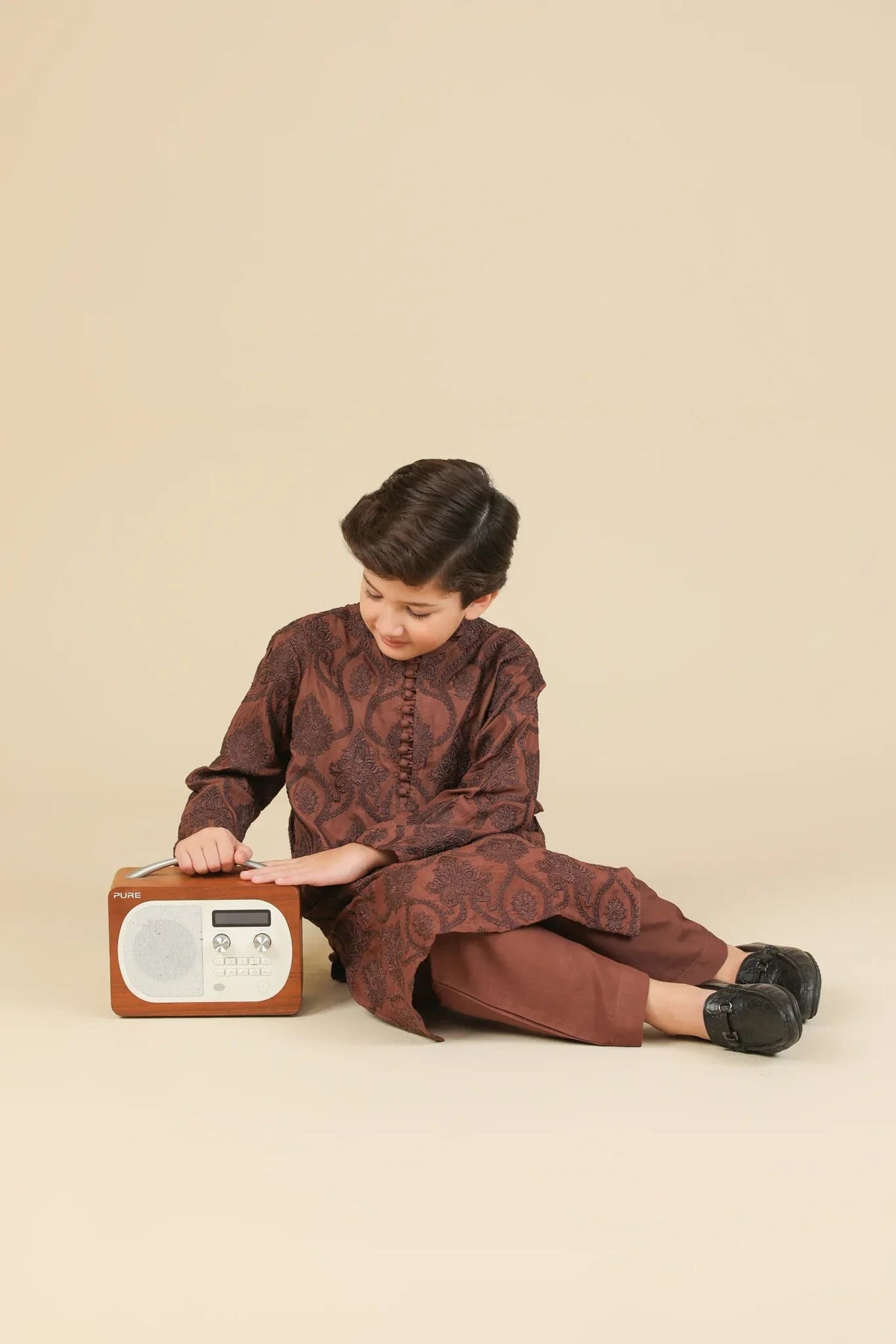 Faris - Cocoa Brown Raw Silk Embroidered Kurta Trouser - Kids