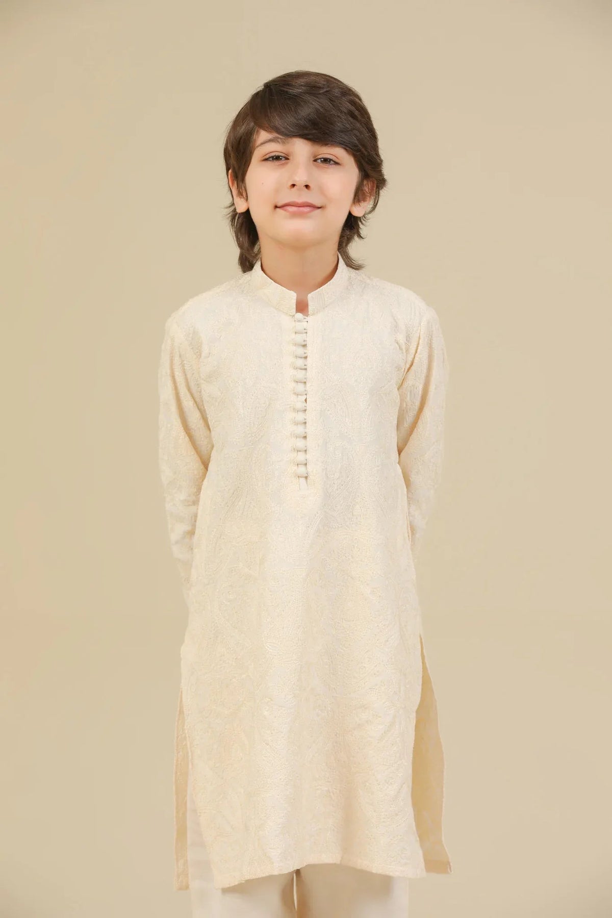 Andaz - Bosky White Raw Silk Embroidered Kurta Trouser - Kids