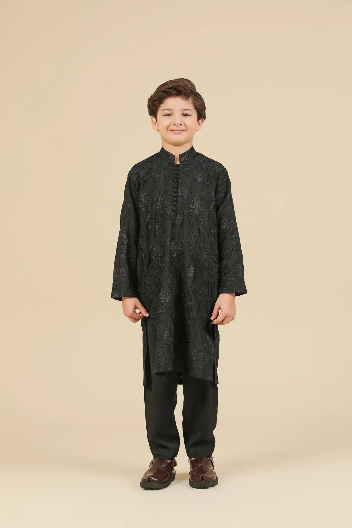Zauq - Black Raw Silk Embroidered Kurta Trouser - Kids