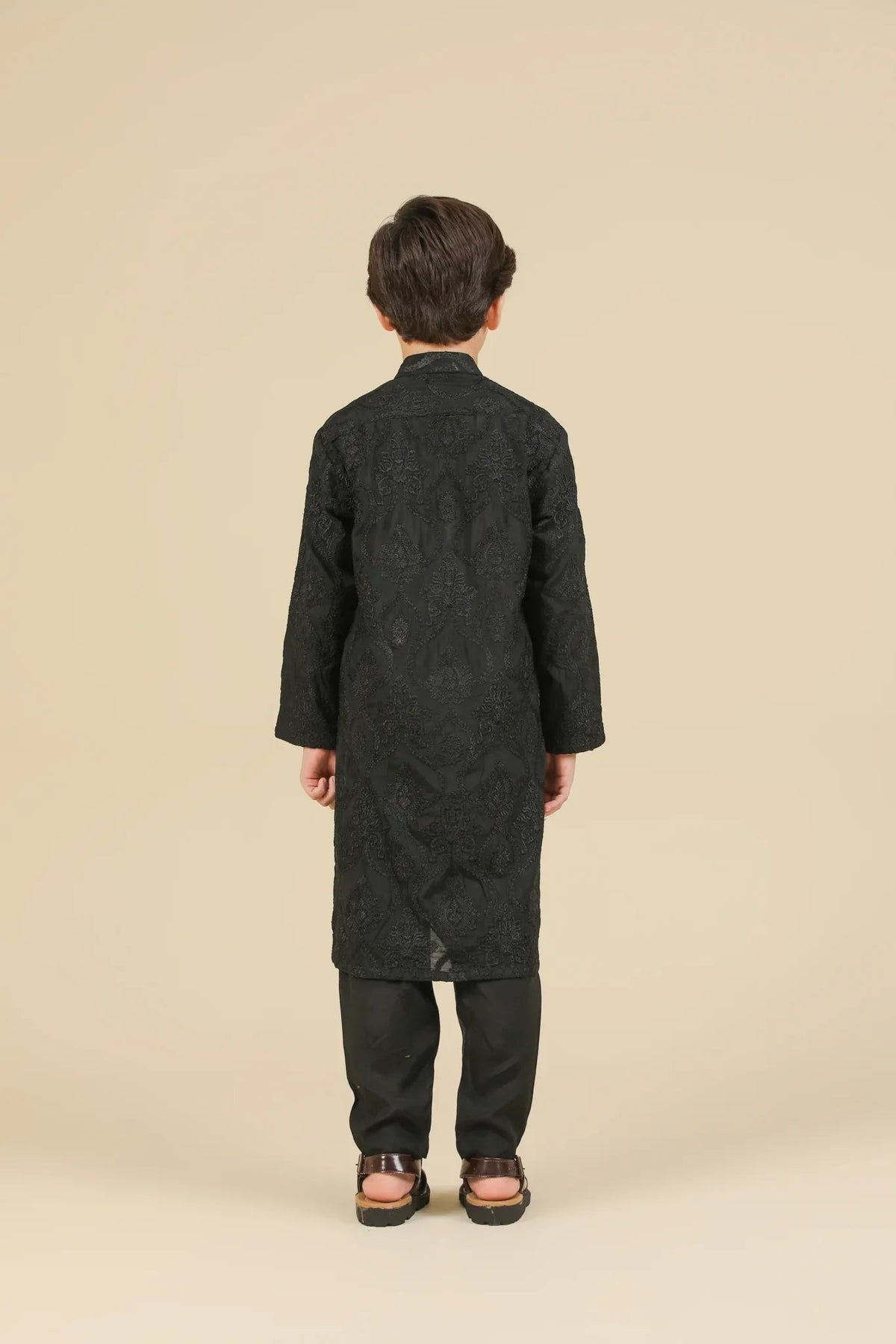 Zauq - Black Raw Silk Embroidered Kurta Trouser - Kids