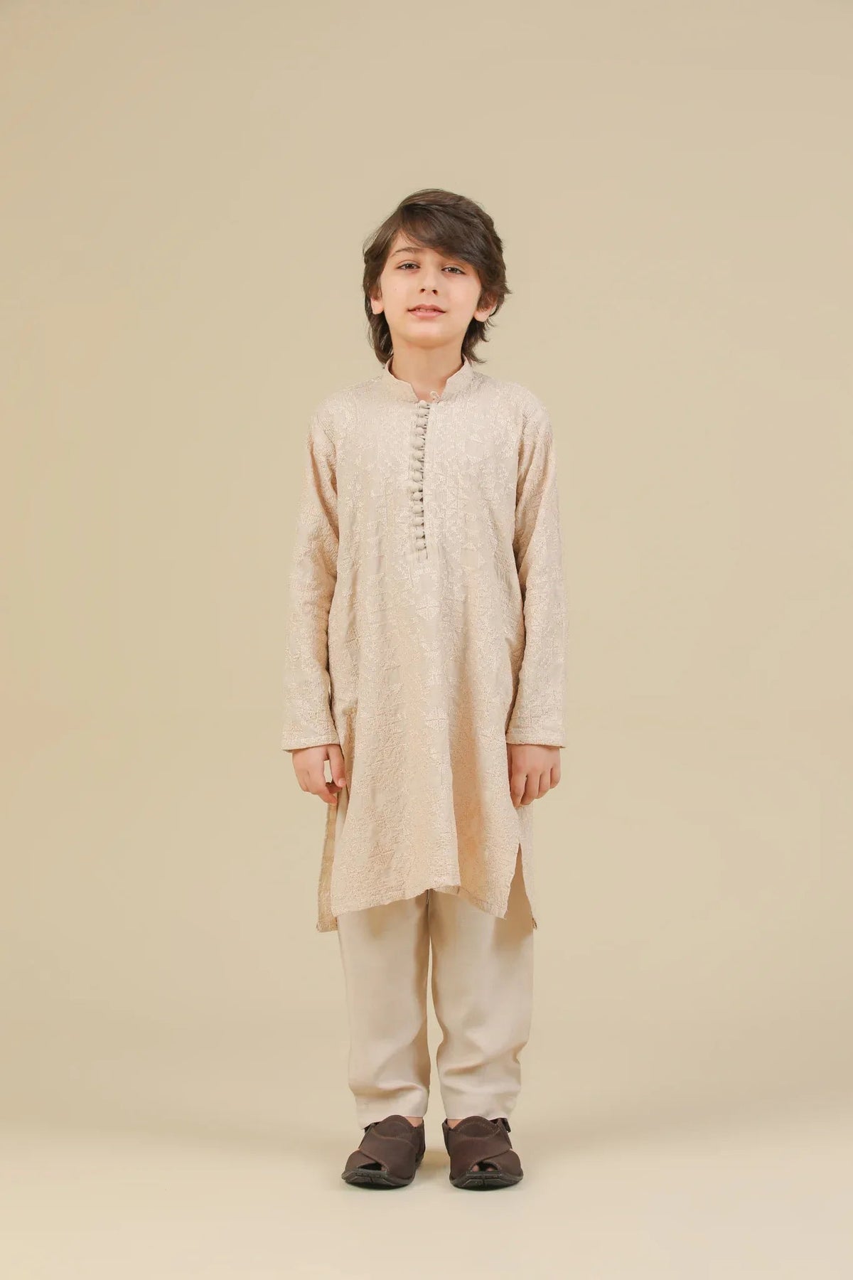 Tabir - Beige Raw Silk Embroidered Kurta Trouser - Kids