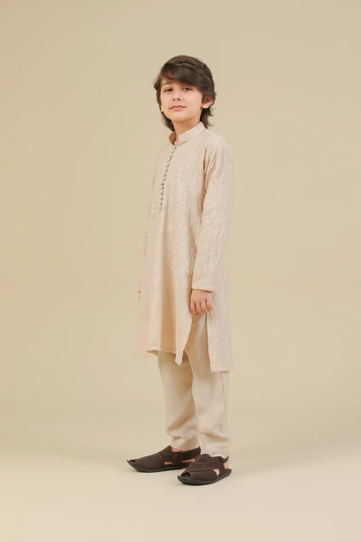 Tabir - Beige Raw Silk Embroidered Kurta Trouser - Kids
