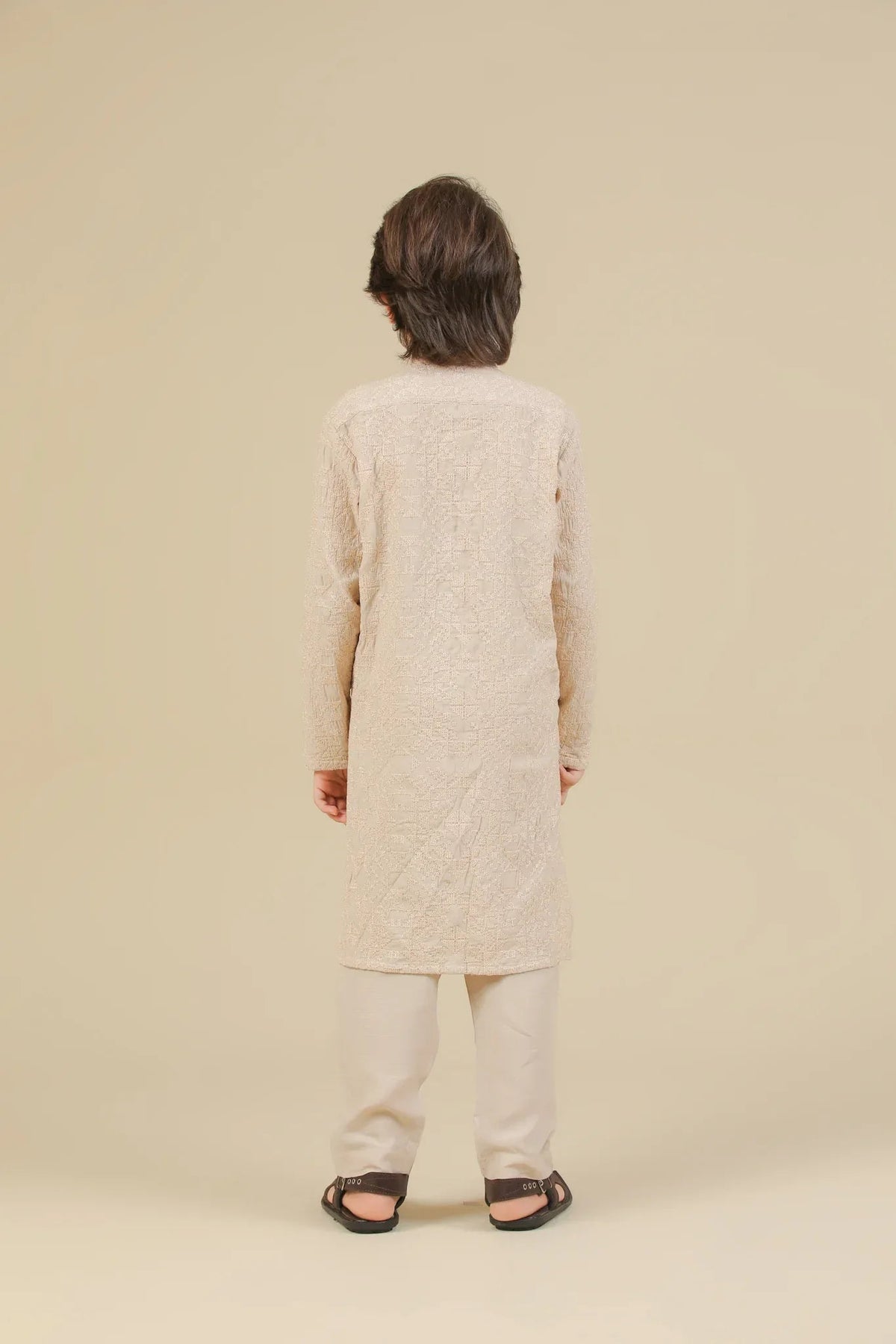 Tabir - Beige Raw Silk Embroidered Kurta Trouser - Kids