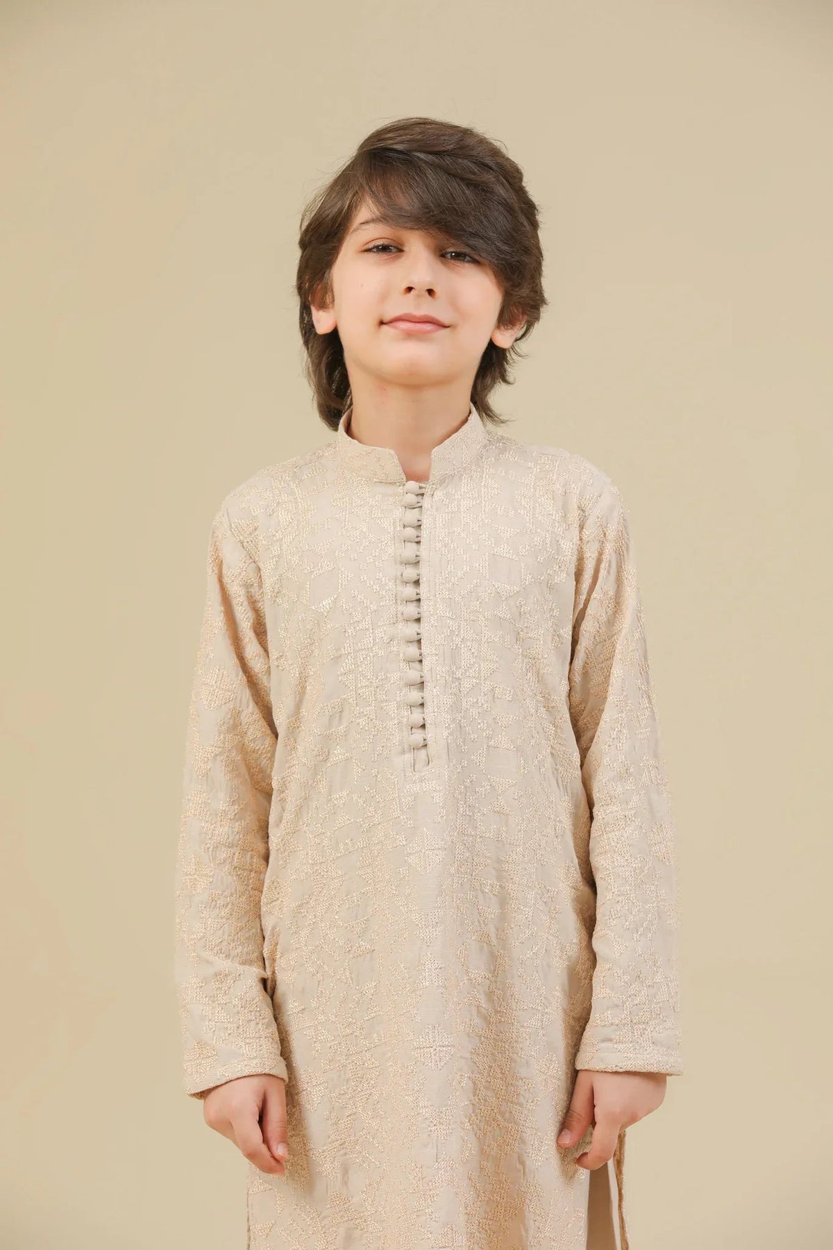 Tabir - Beige Raw Silk Embroidered Kurta Trouser - Kids