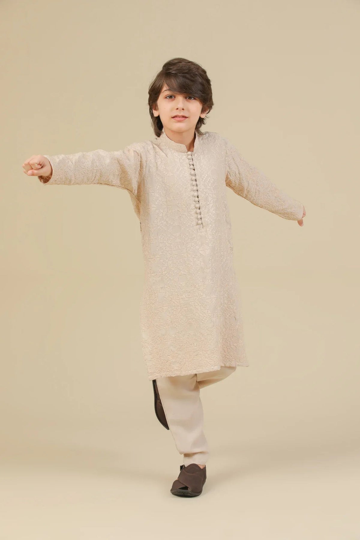 Tabir - Beige Raw Silk Embroidered Kurta Trouser - Kids