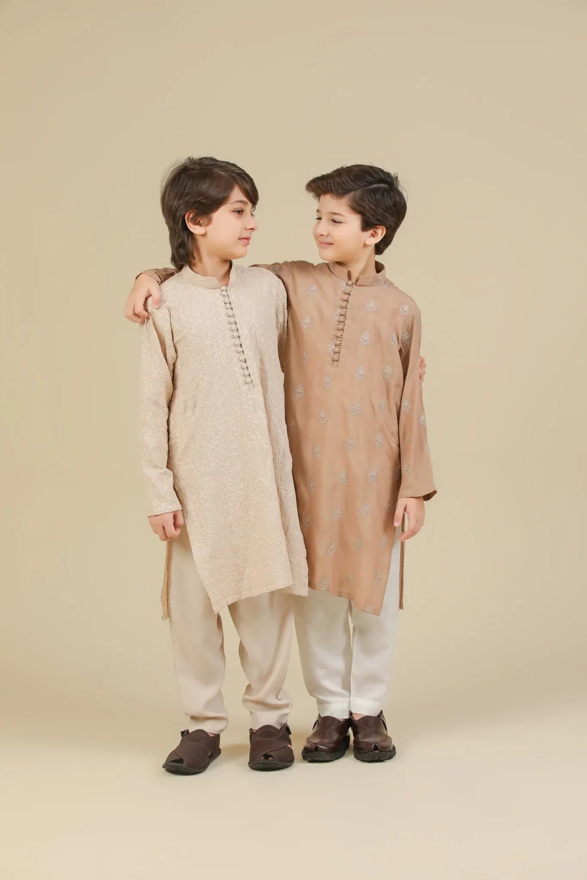 Tabir - Beige Raw Silk Embroidered Kurta Trouser - Kids