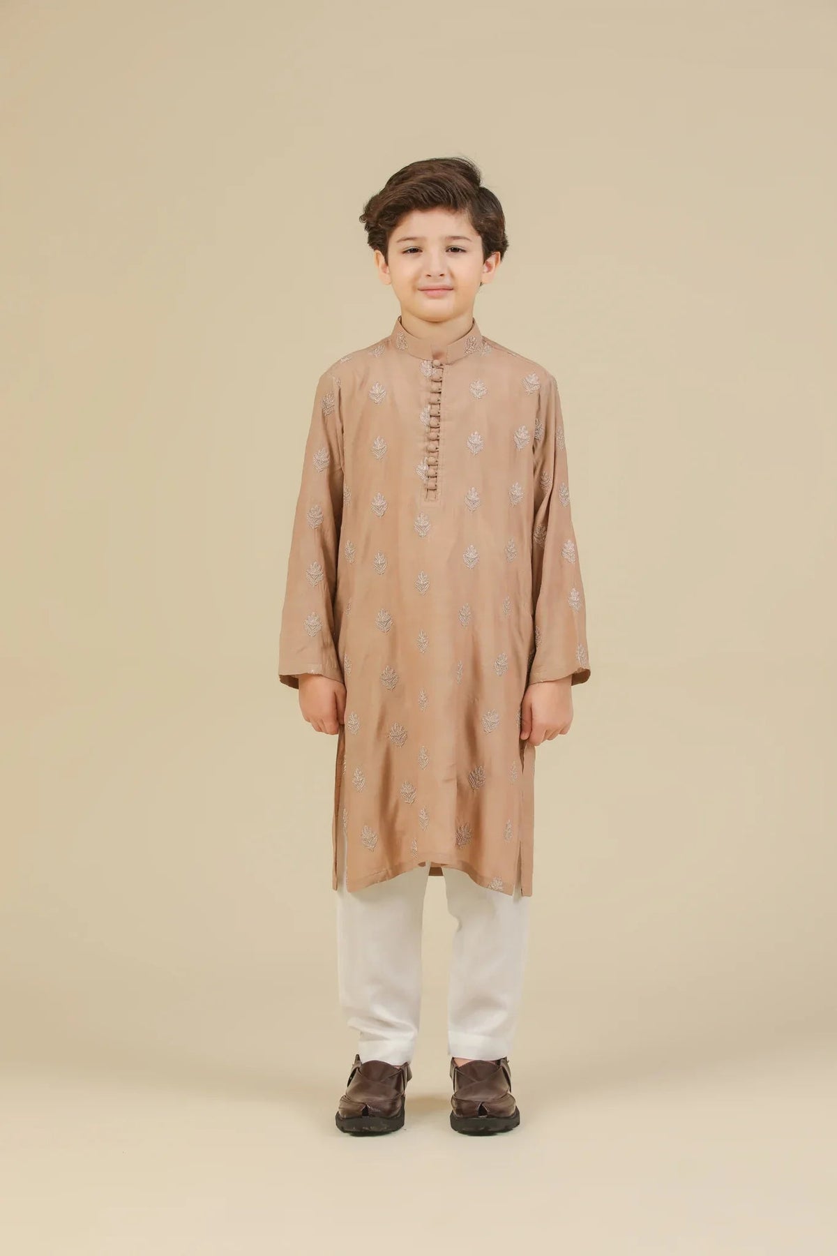Mehrab - Sandstone Raw Silk Embroidered Kurta Trouser - Kids