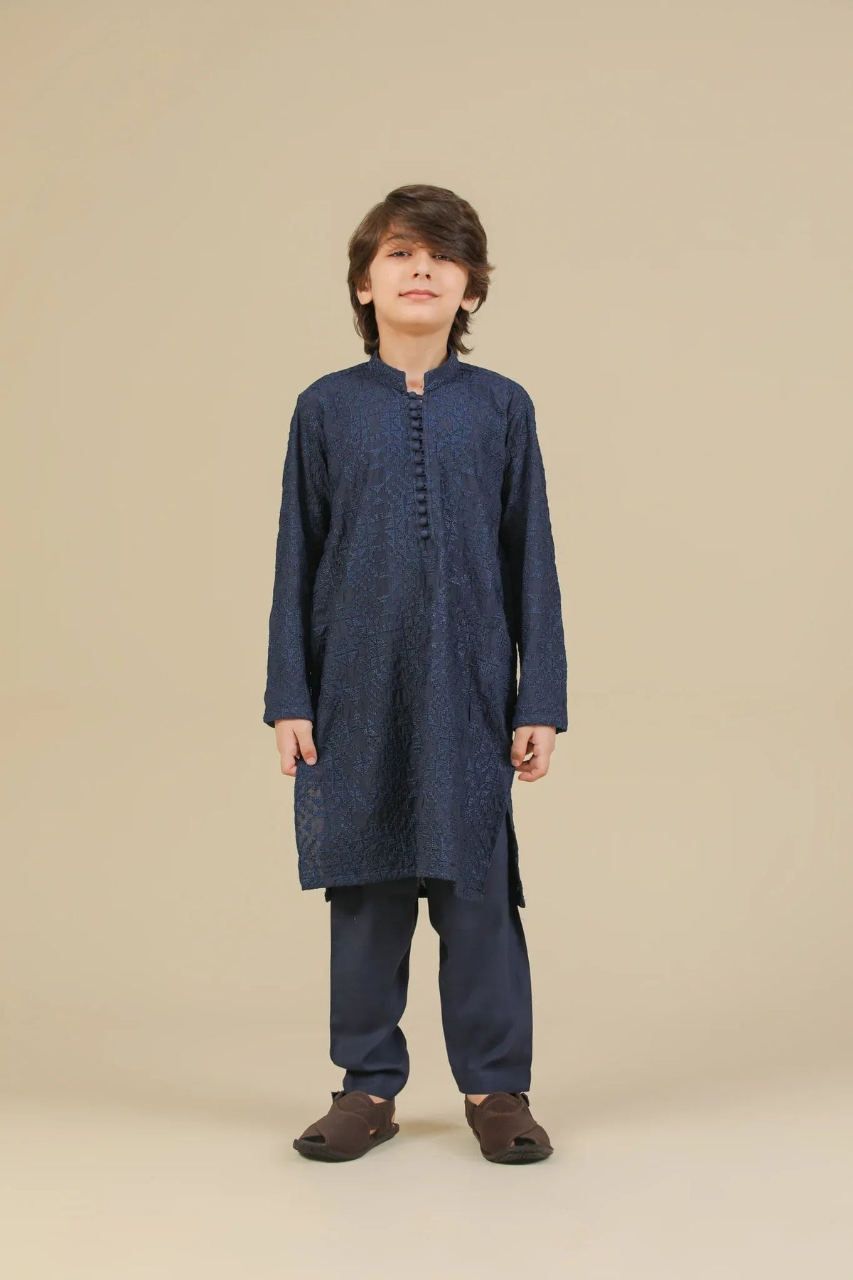 Feroz - Dark Blue Raw Silk Embroidered Kurta Trouser - Kids