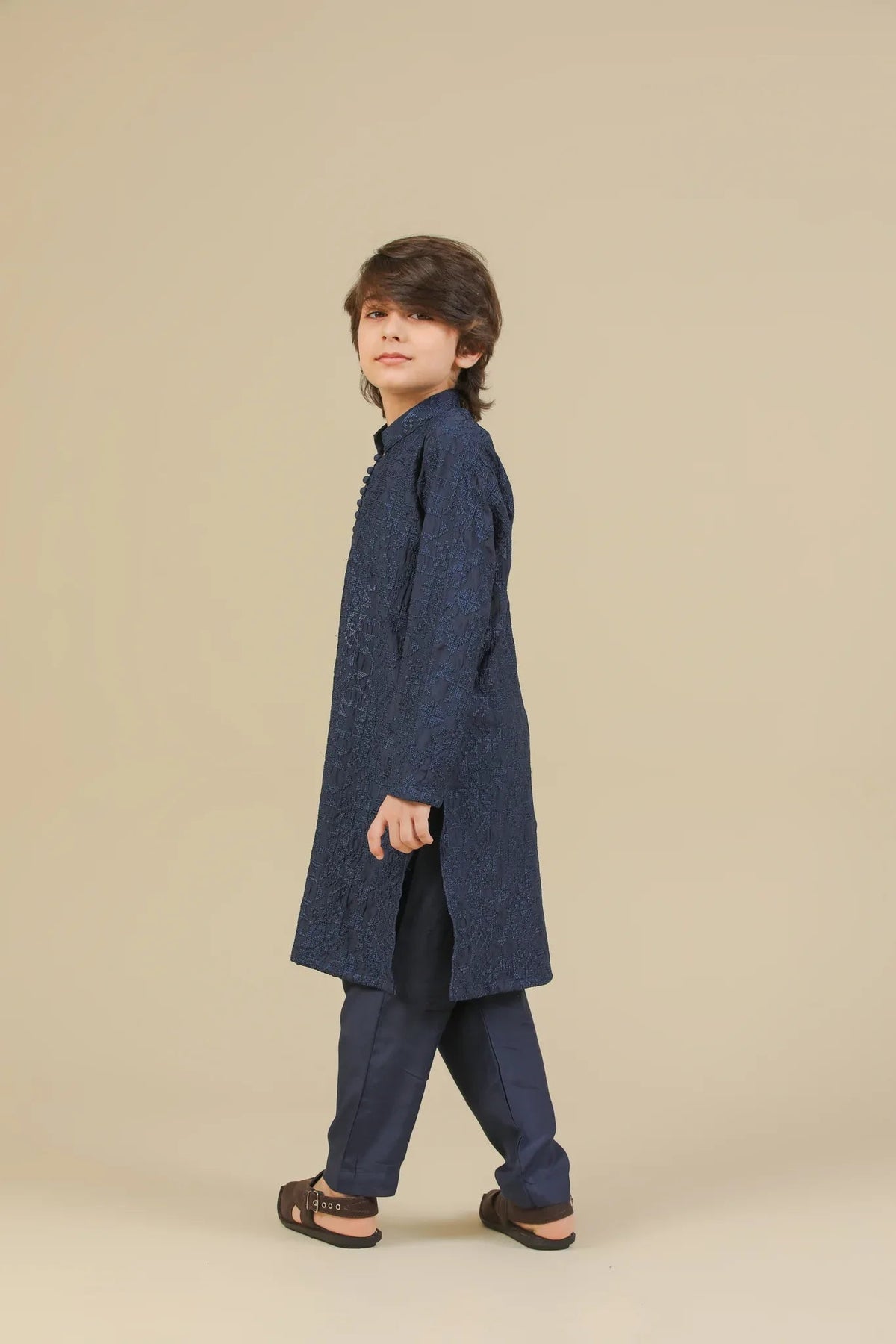 Feroz - Dark Blue Raw Silk Embroidered Kurta Trouser - Kids