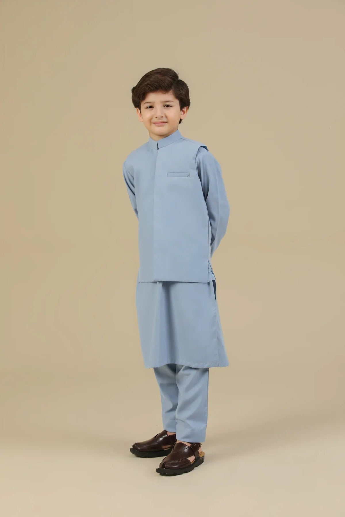 Sapphire Blue Kurta Trouser with Blended Waistcoat - Kids