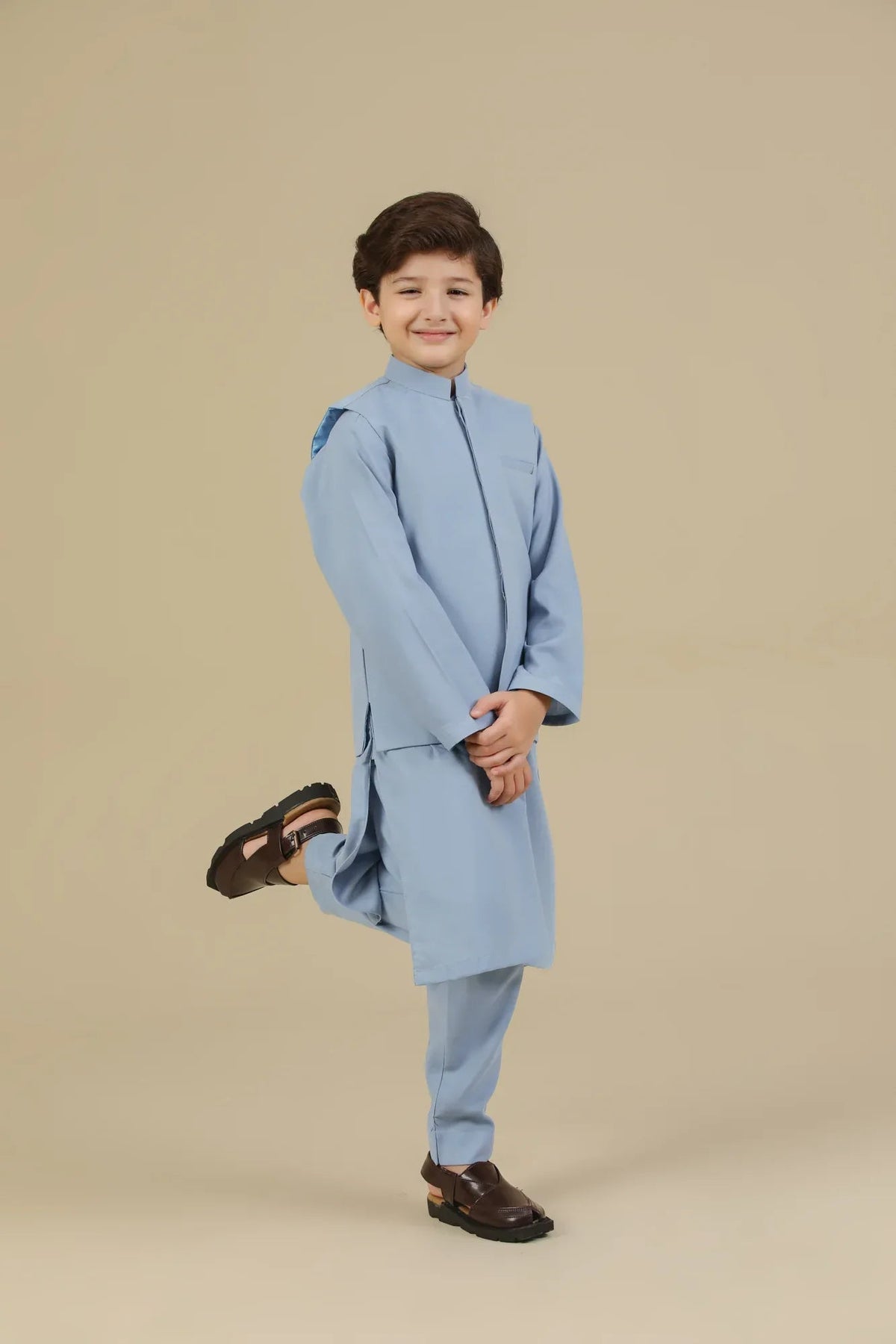 Sapphire Blue Kurta Trouser with Blended Waistcoat - Kids