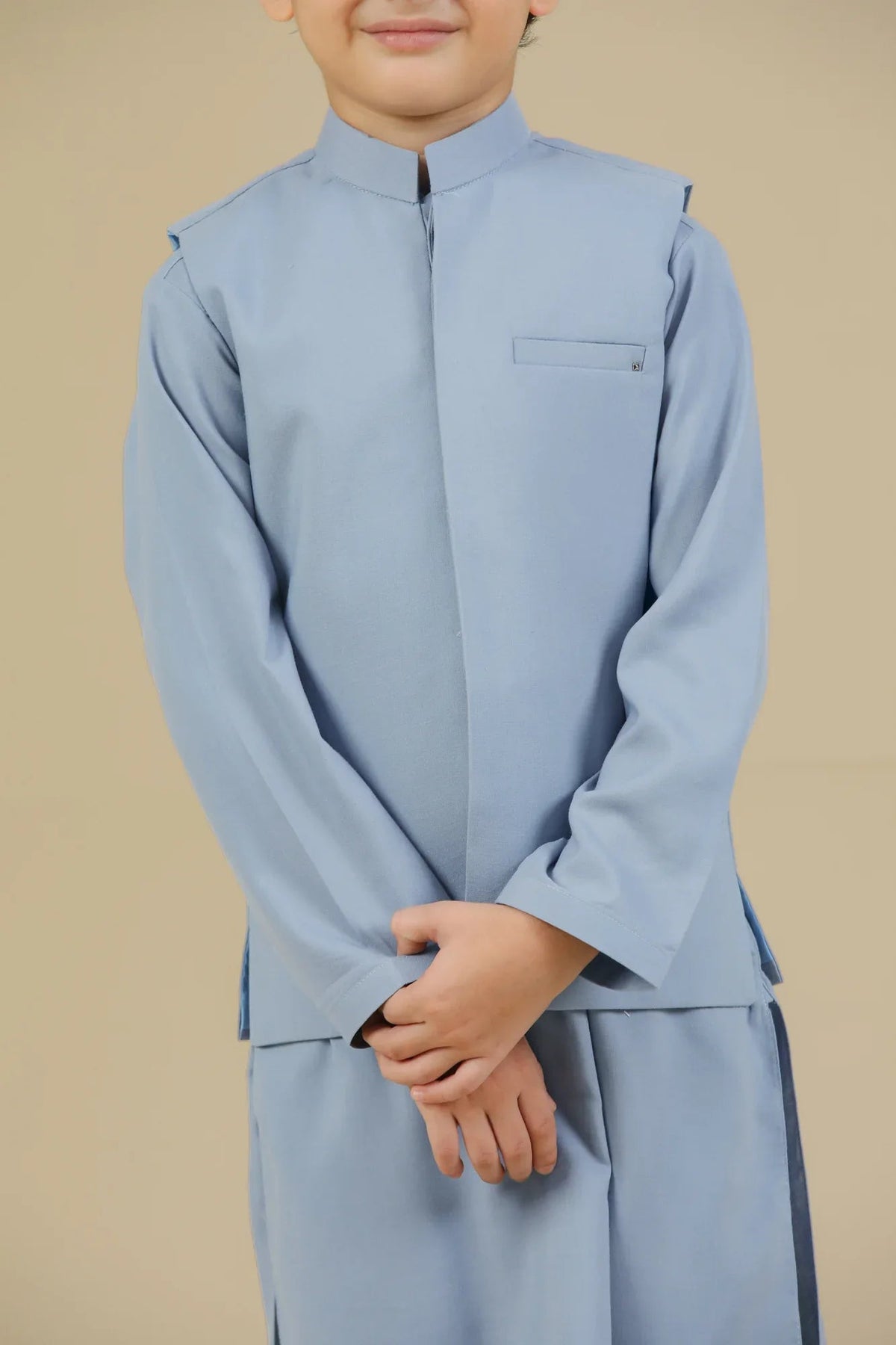 Sapphire Blue Kurta Trouser with Blended Waistcoat - Kids