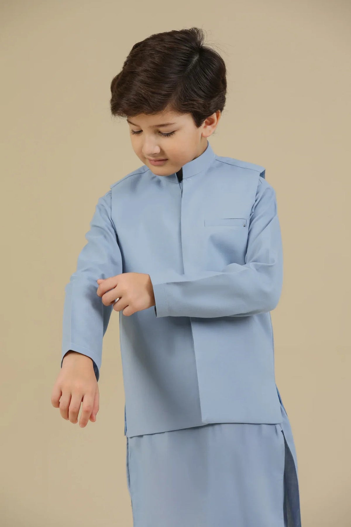 Sapphire Blue Kurta Trouser with Blended Waistcoat - Kids