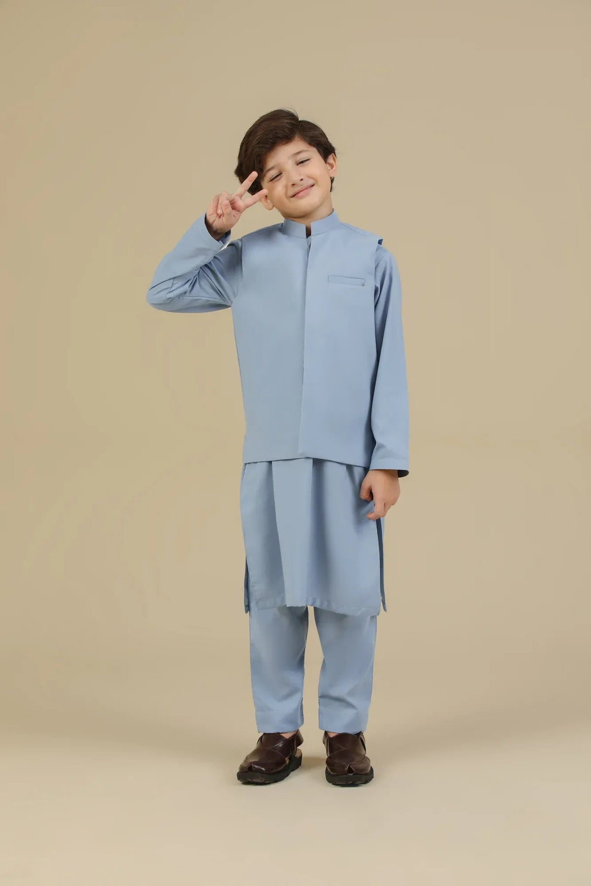 Sapphire Blue Kurta Trouser with Blended Waistcoat - Kids