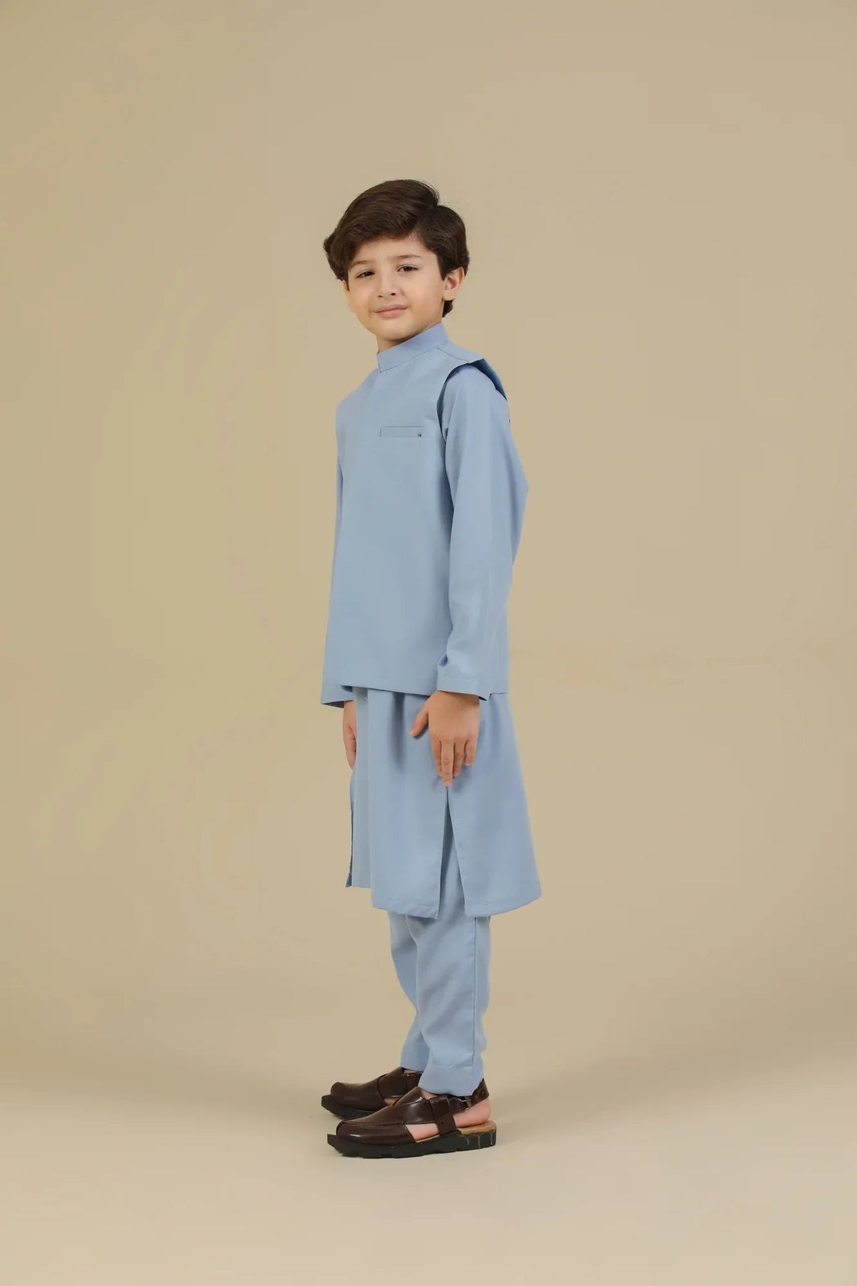 Sapphire Blue Kurta Trouser with Blended Waistcoat - Kids