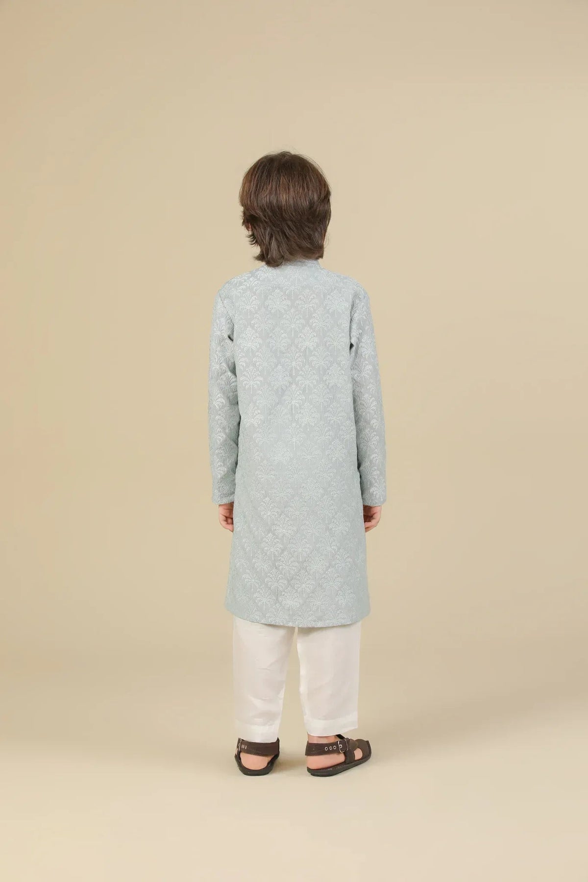 Abroo - Ice Blue Raw Silk Embroidered Kurta Trouser - Kids