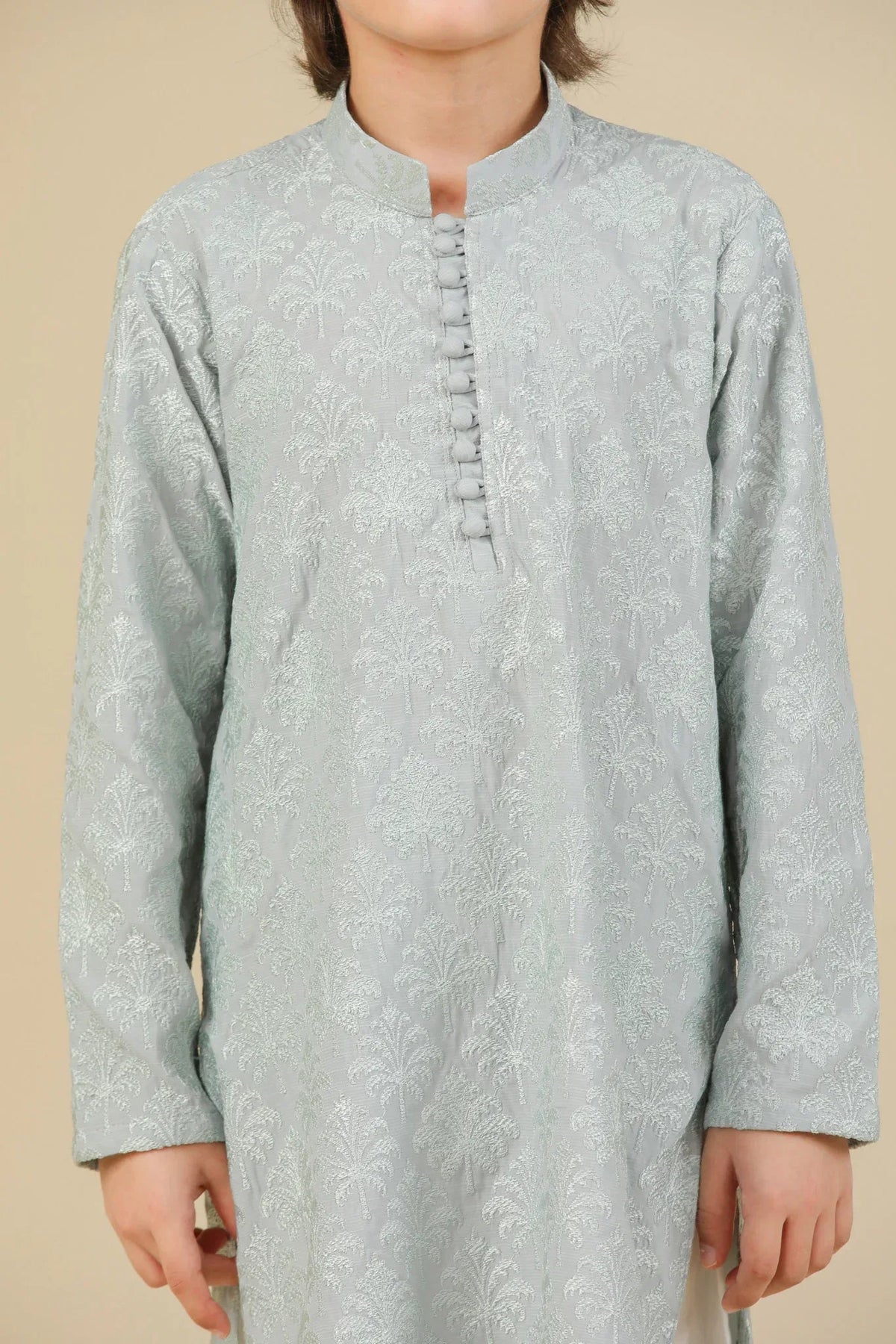 Abroo - Ice Blue Raw Silk Embroidered Kurta Trouser - Kids