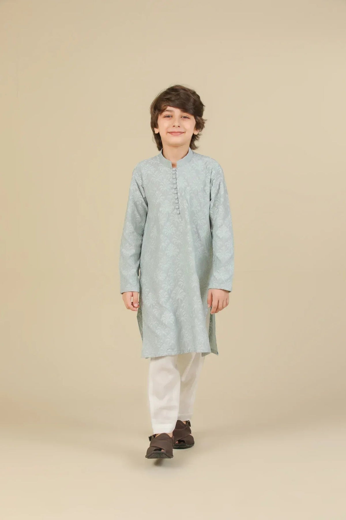Abroo - Ice Blue Raw Silk Embroidered Kurta Trouser - Kids