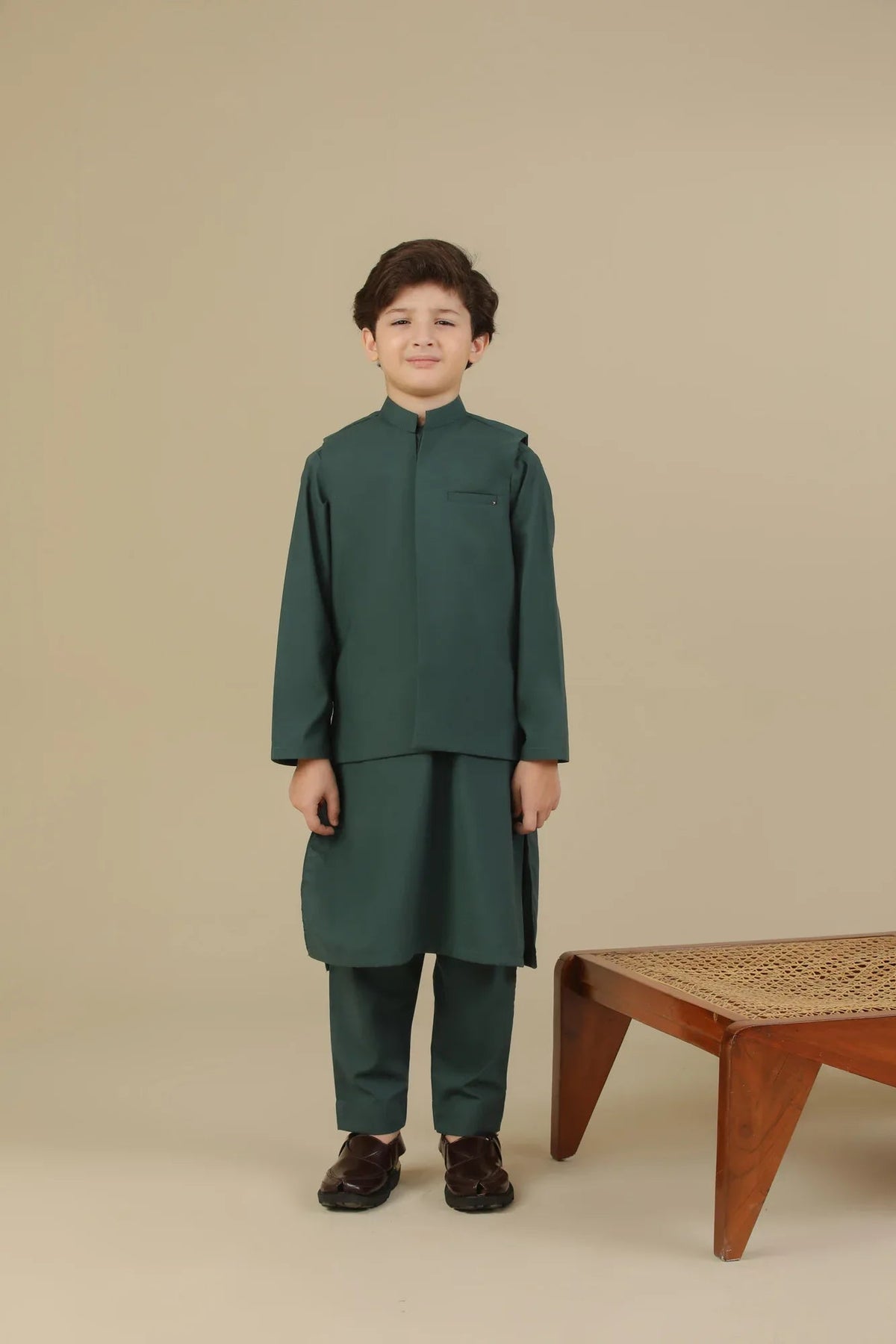 Bottle Green Kurta Trouser with Blended Waistcoat - Kids