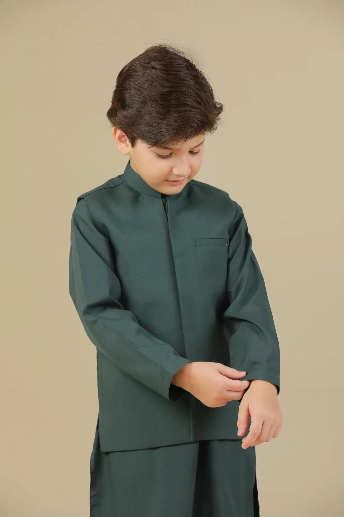 Bottle Green Kurta Trouser with Blended Waistcoat - Kids