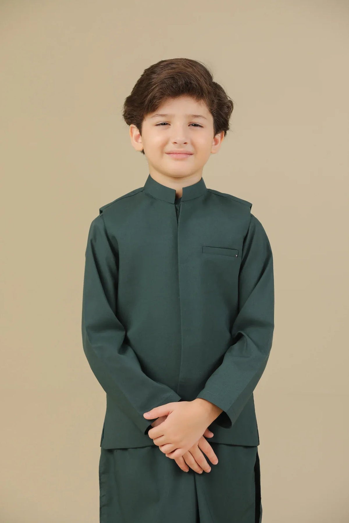 Bottle Green Kurta Trouser with Blended Waistcoat - Kids