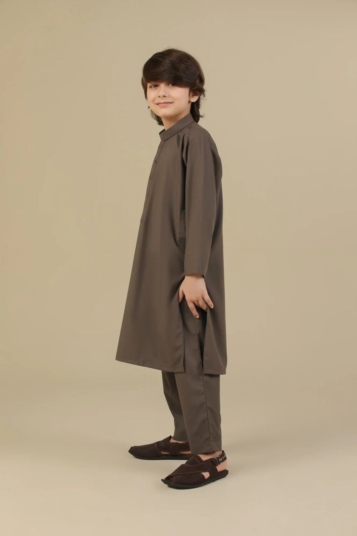 Light Brown Blended Kurta Trouser - Kids