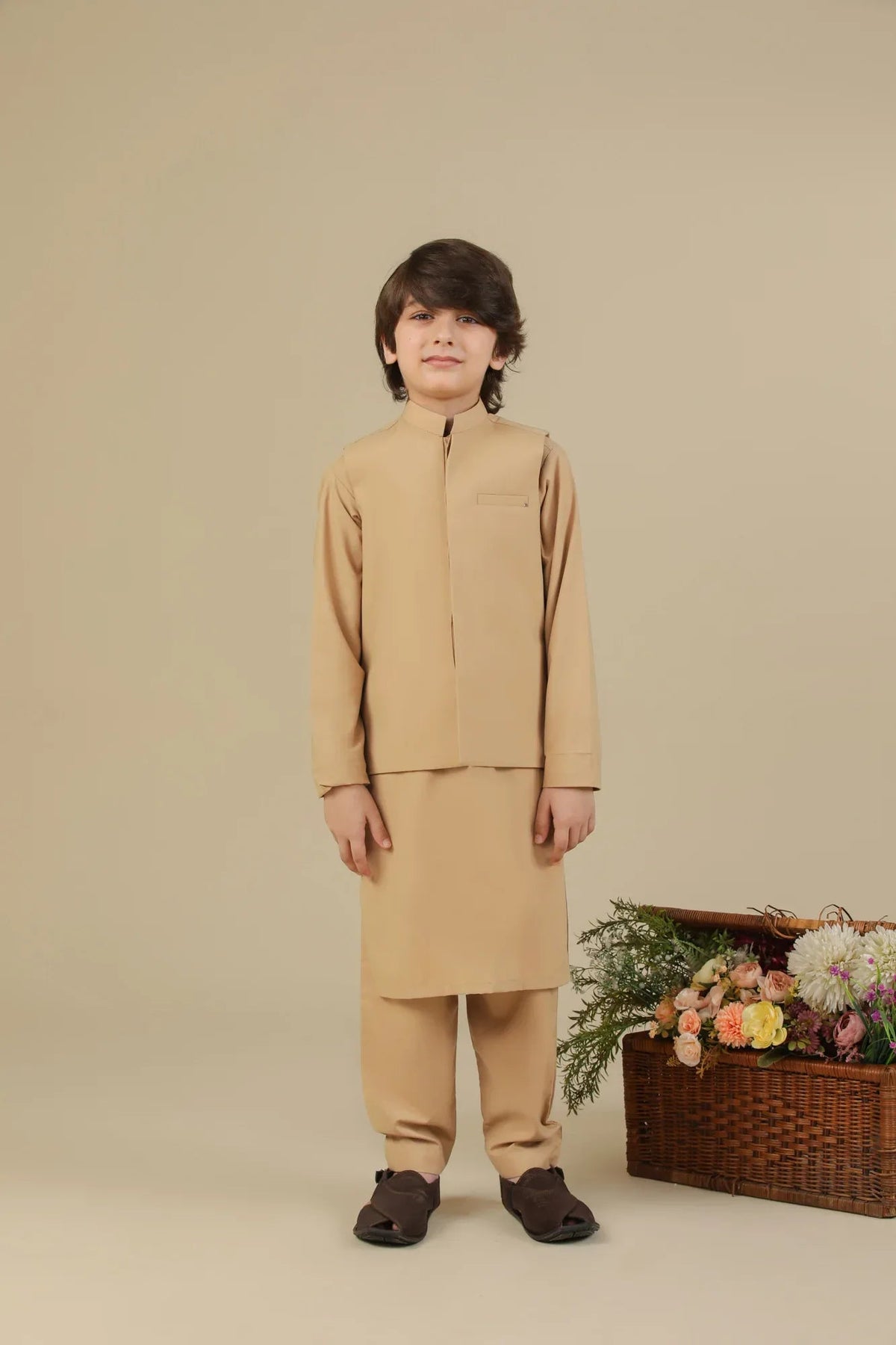 Camel Kurta Trouser with Blended Waistcoat - Kids