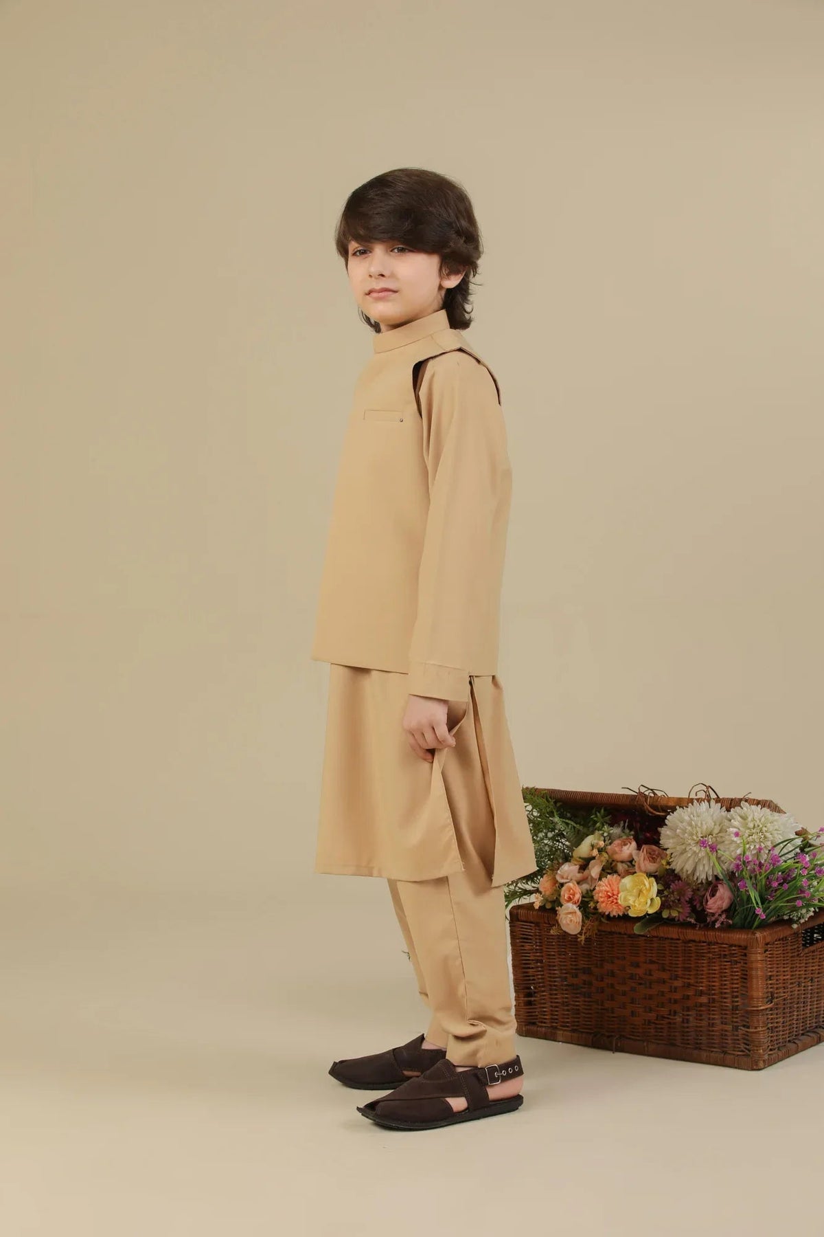 Camel Kurta Trouser with Blended Waistcoat - Kids