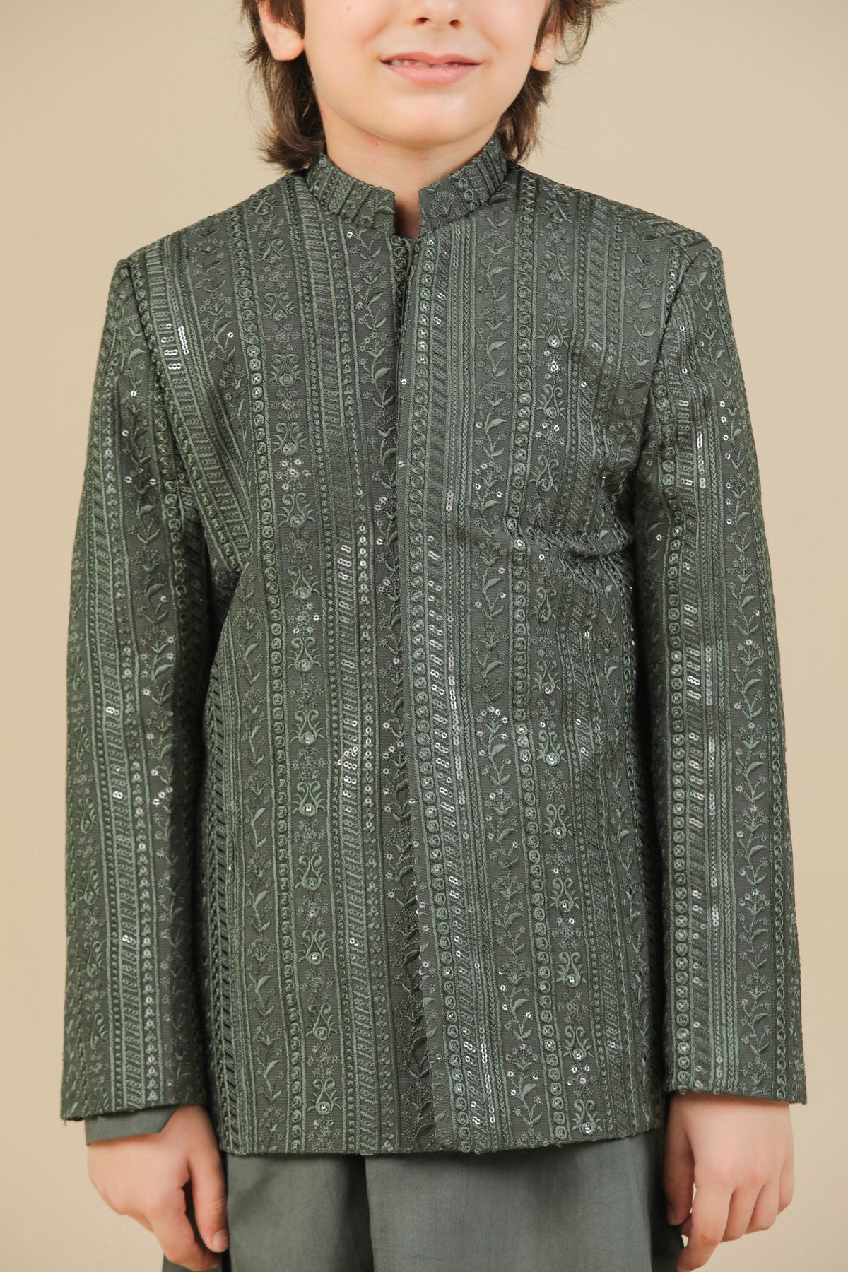 Olive Green Falling Embroidered Prince Coat - Kids