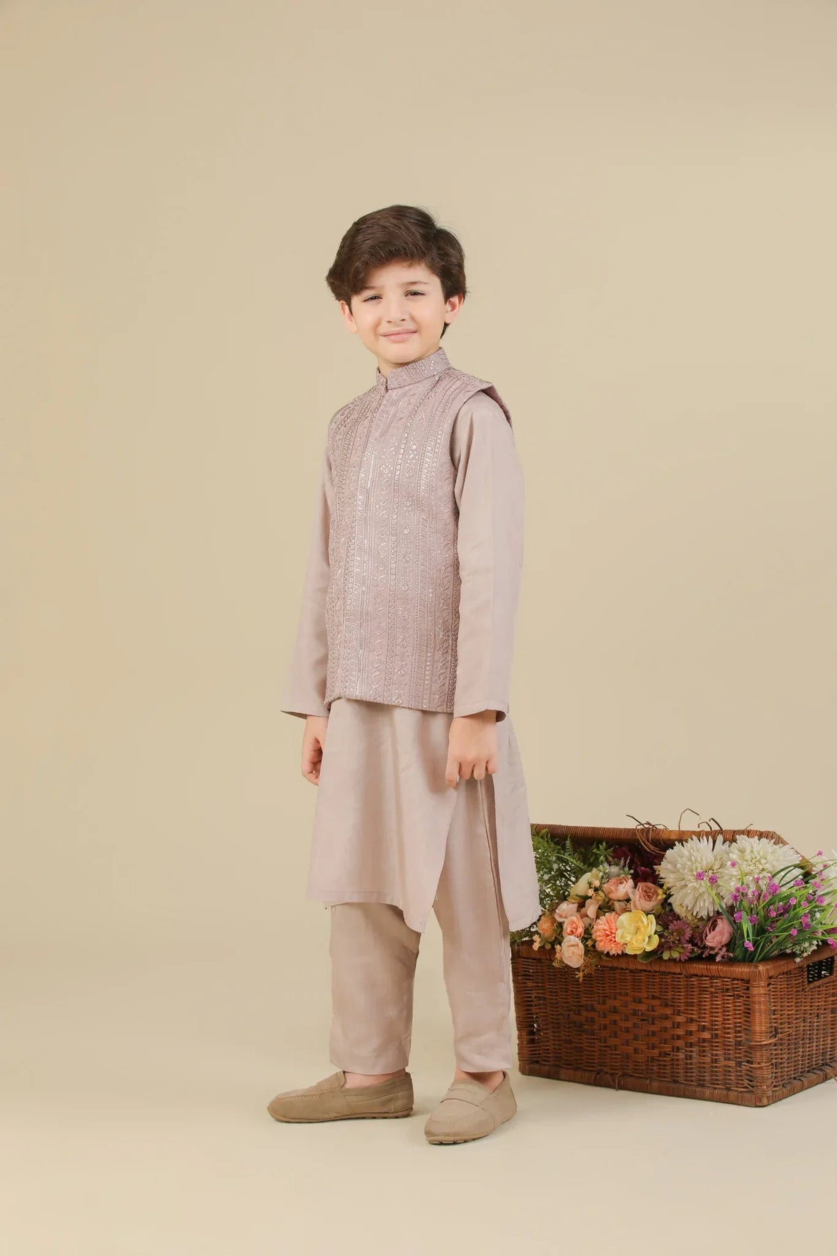 Pink Kurta Trouser with Falling Embroidered Waistcoat - 3PC - Kids