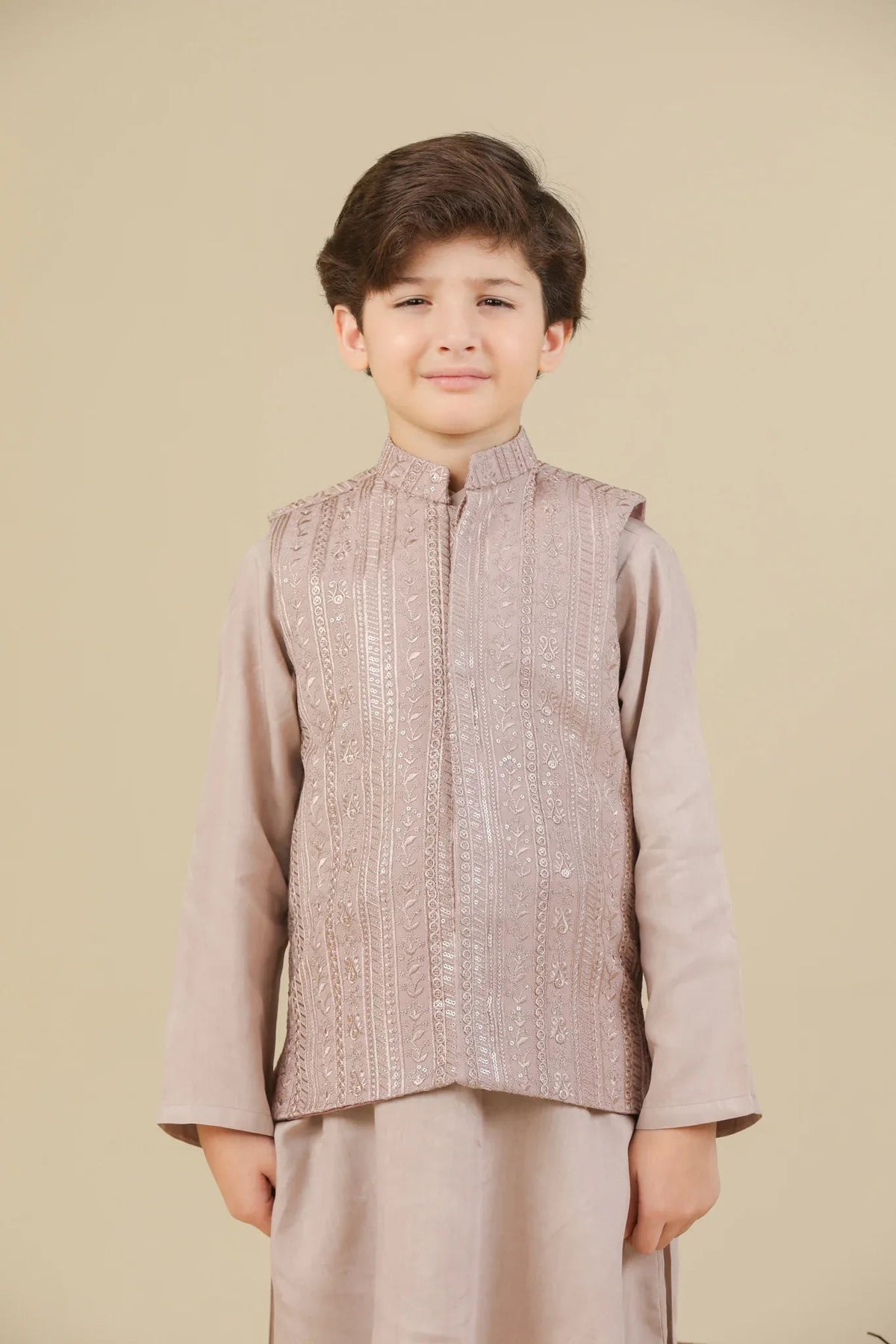 Pink Kurta Trouser with Falling Embroidered Waistcoat - 3PC - Kids